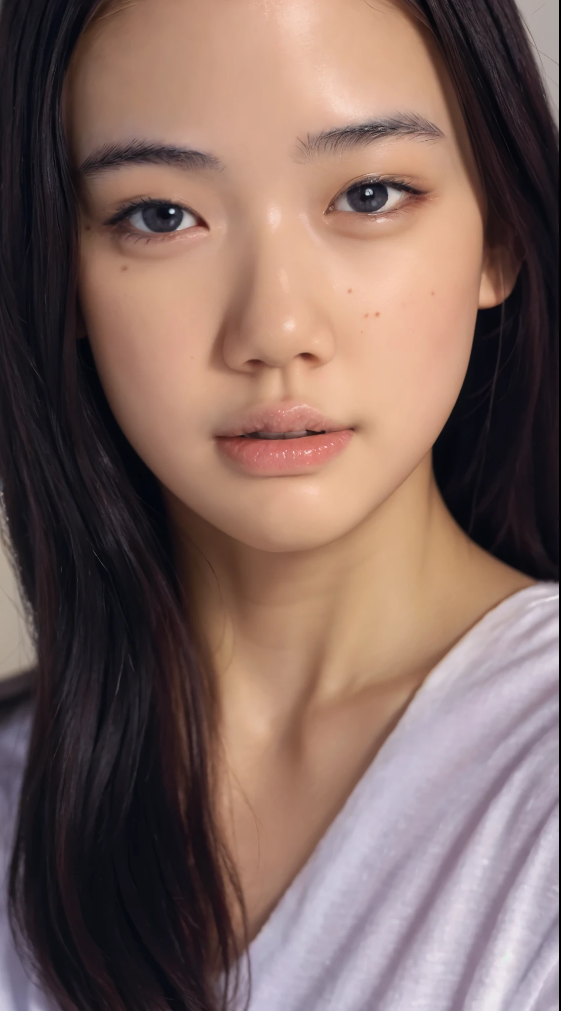 32K, highest quality, masterpiece, realistic, Super detailed,  photograph, HDR, 行photograph, High resolution, confused, smoother light, official art, written boundary depth, bright light,
close, thin, detailed face, anger, beautiful detailed eyes, 19 years old Korean, cute, highest quality real texture skin,
T-shirt,