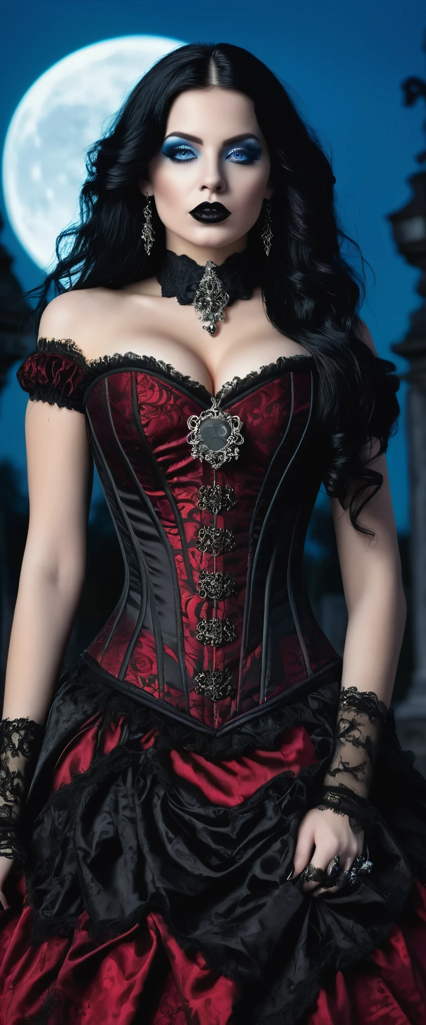 A beautiful woman, hourglass figure, large breast , long black hair, black lipstick, blue eyes, seductive Goth style with Goth jewelry, wearing a (ornate Victorian corset in Duotone [red and black] style:1.3), standing in a cemetery  in the early at night under a full moon, (Fogcore style:1.3), (full body:1.3), hyper realism, 8k high definition, vibrant colors, sharp focus, insanely detailed