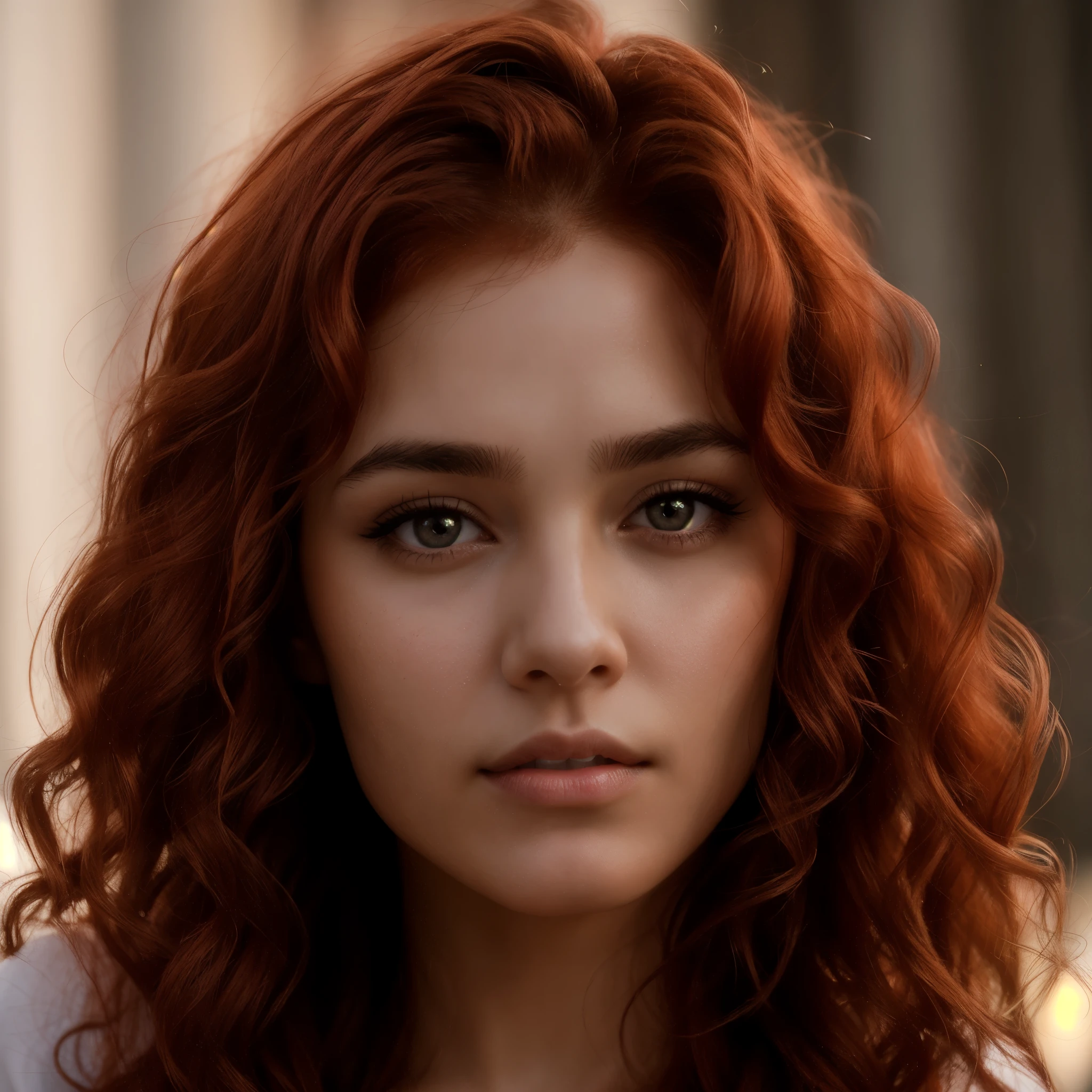 young girl with red hair, portrait, soft portrait shot 8 k, highly detailed vfx portrait, closeup headshot, stunning closeupheadshot, close-up portrait film still, portrait shot 8 k, cinematic close-up bust shot, 4k portrait, full - face close - up portrait, beautiful face, light brown skin, detailed skin, high detail skin, high detailed lips, v-shape eyebrows, brown eyes, detailed eyes, white background,