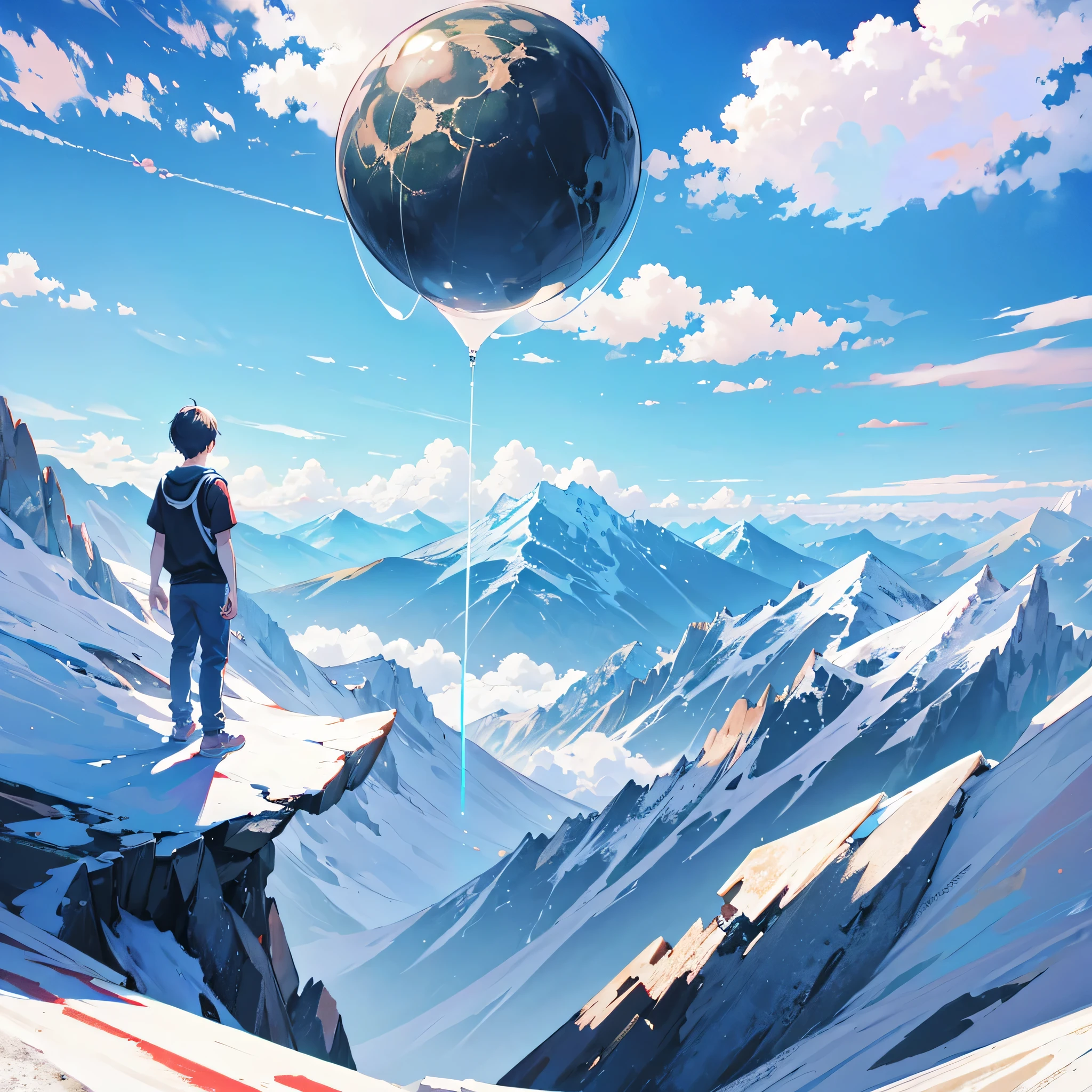 1 boy, Permanent installation, Wearing normal casual clothes, dream world, huge, magnificent, on the mountain, Can&#39;t see the overall structure, Half is outside the clouds, there is a mountain, reach beyond the sky, camera looking to the sky