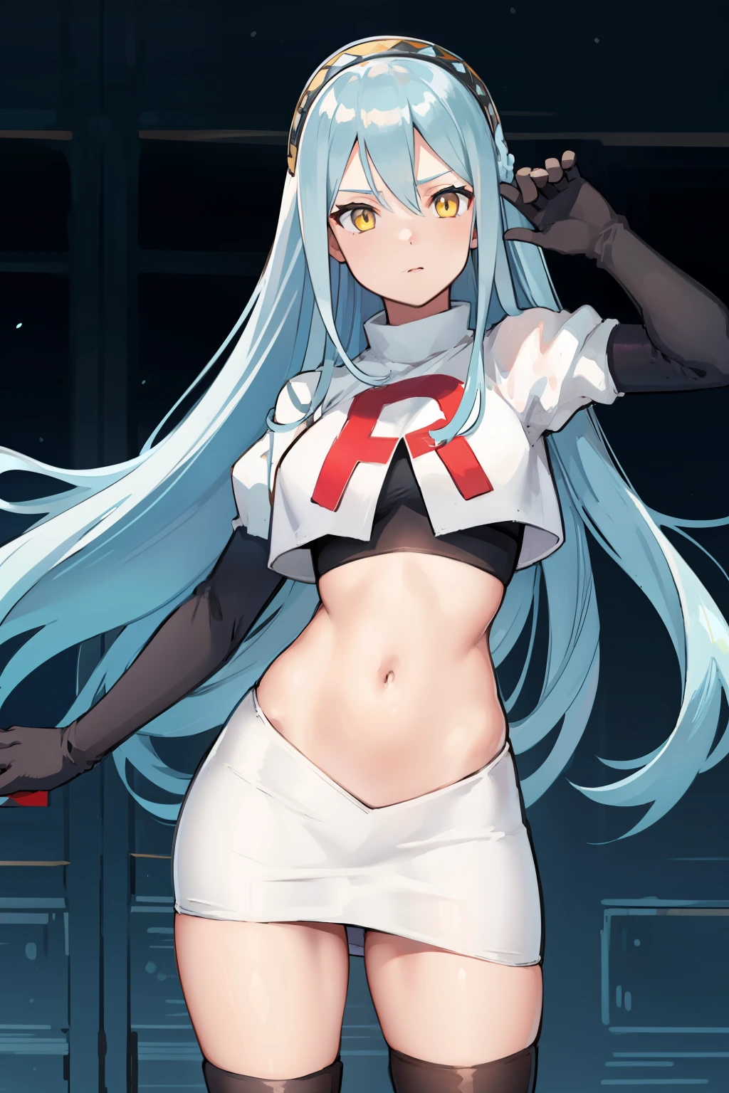 def_azura, yellow eyes ,1girl,team rocket,team rocket uniform, red letter R, white skirt,white crop top,black thigh-highs ,black elbow gloves,