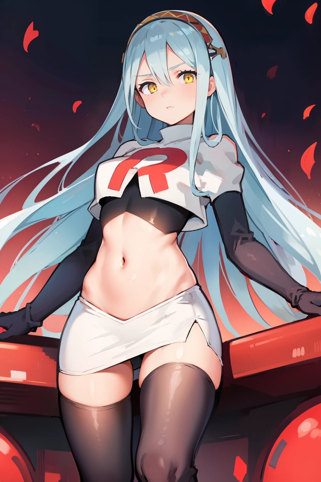 def_azura, yellow eyes ,1girl,team rocket,team rocket uniform, red letter R, white skirt,white crop top,black thigh-highs ,black elbow gloves,