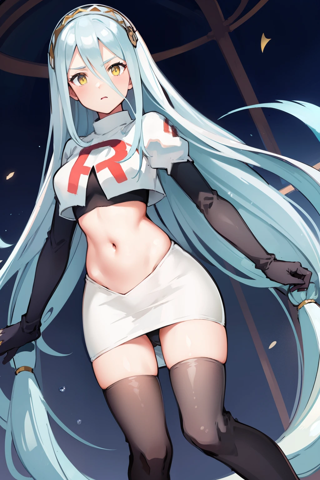 def_azura, yellow eyes ,1girl,team rocket,team rocket uniform, red letter R, white skirt,white crop top,black thigh-highs ,black elbow gloves,