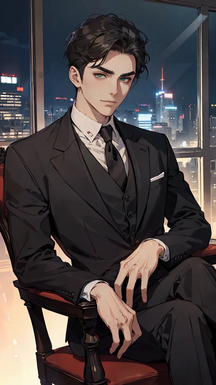 ((One young man with a black suit and tie)), alejandro, (((one side swept dark short neat hair))), ( green eyes and thick eyebrows), ((20 years old)), ((masterpiece)), ((cinematic lighting)), relax look and smirk, waiting for someone