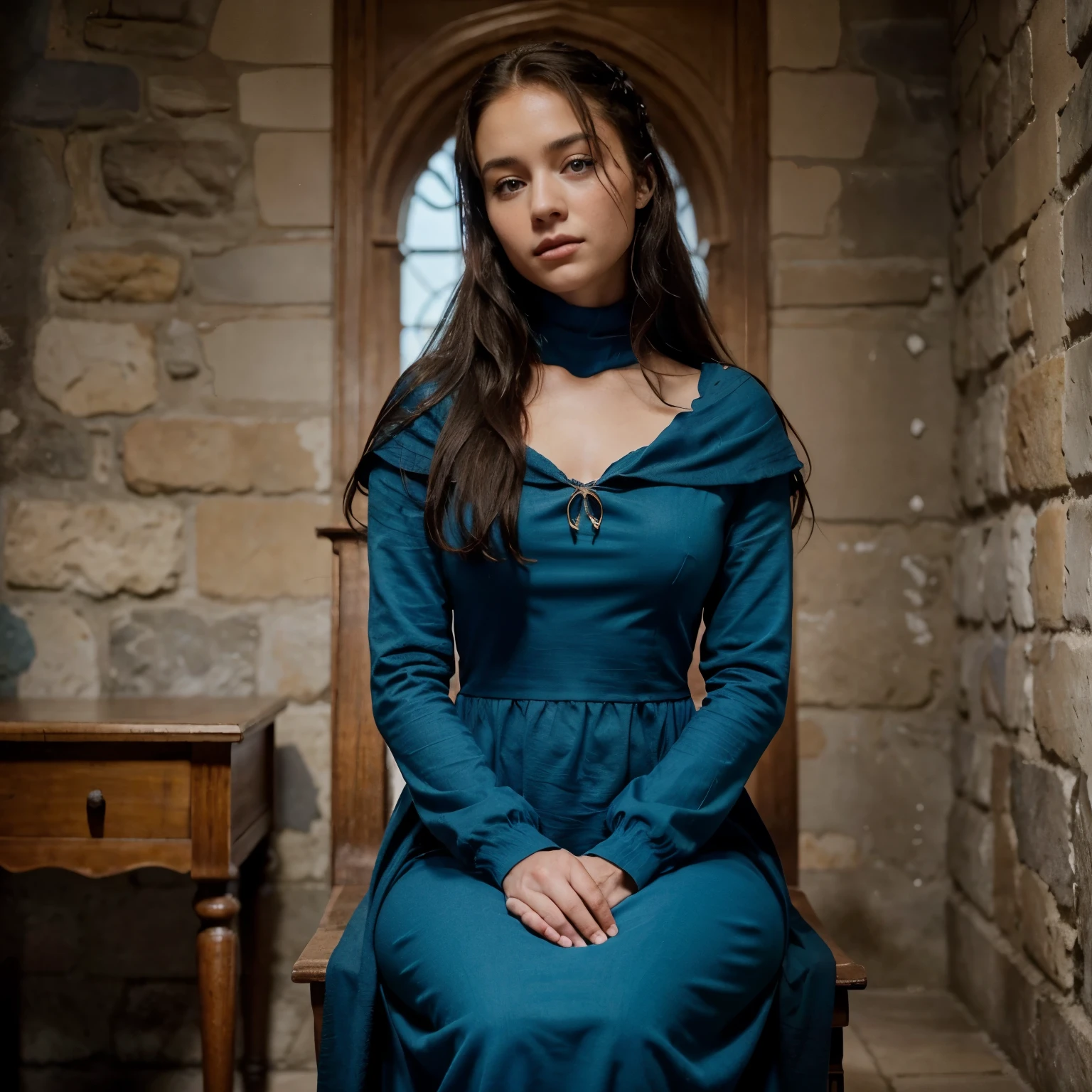 Una imagen de Alicia Agneson, su cabello negro es ondulado y largo, de ojos azules claros, en el mundo de Game of thrones, con un vestido medieval color azul claro con detalles blancos, is sitting in the hall of a great castle