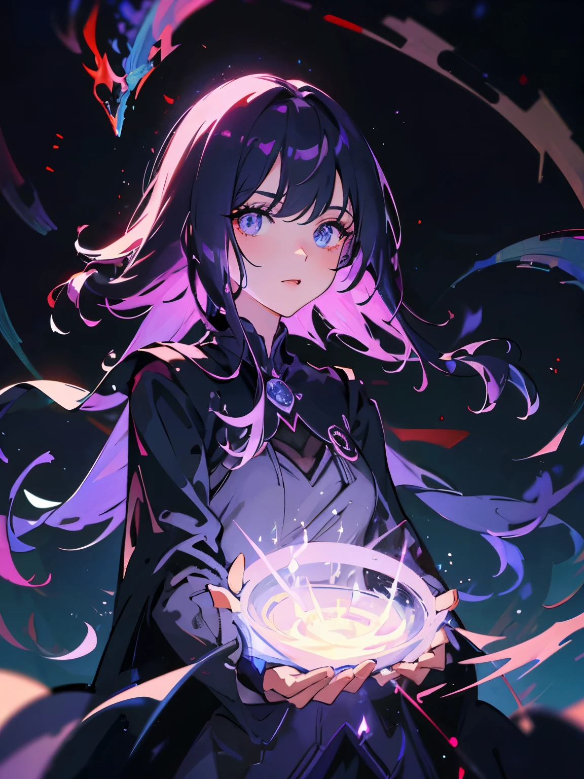 (ultra-detailed, perfect pixel, highres, best quality, beautiful eyes finely detailed), female, magic aura, sharp purple eye color, (glowing purple eyes), black medium hair, long blue side hairs, earrings, black dress, red robe, elegant, the background is full of magical particles. lens flare, glowing light, reflection light, motion blur, 8k, super detail, accurate, best quality, Ray tracing.