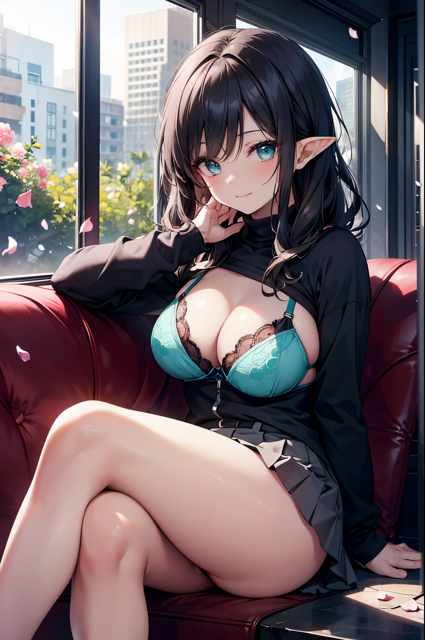 realistic image, coherent image, detailed image, 1 beautiful elf. She has black hair, long hair. Turquoise eyes, long eyelashes. Her face is oval and delicate. Smiling. She is wearing a lace bra, pleated miniskirt, sneakers, she has a curvy body, medium breasts and thick thighs. She sitting with her legs crossed and her hands hidden between her thighs. Urban background, surrounded by flower petals. natural lighting in front, volumetric lighting,