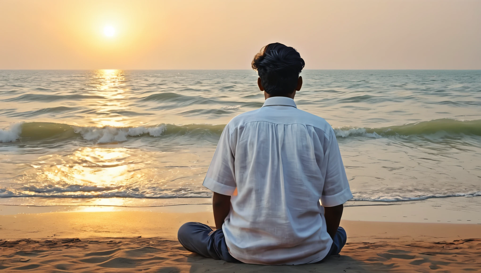 Create a PowerPoint template the back of an Indian 21 old boy with two side hairstyle, can't see the face, sitting at the chaupati beach, looking at the setting sun in the distance, photorealistic, wide shot, wear a white colour shirt name jirag, the overall feeling is very sad, 8k resolution, dynamic lighting, extremely high details, ultra hd