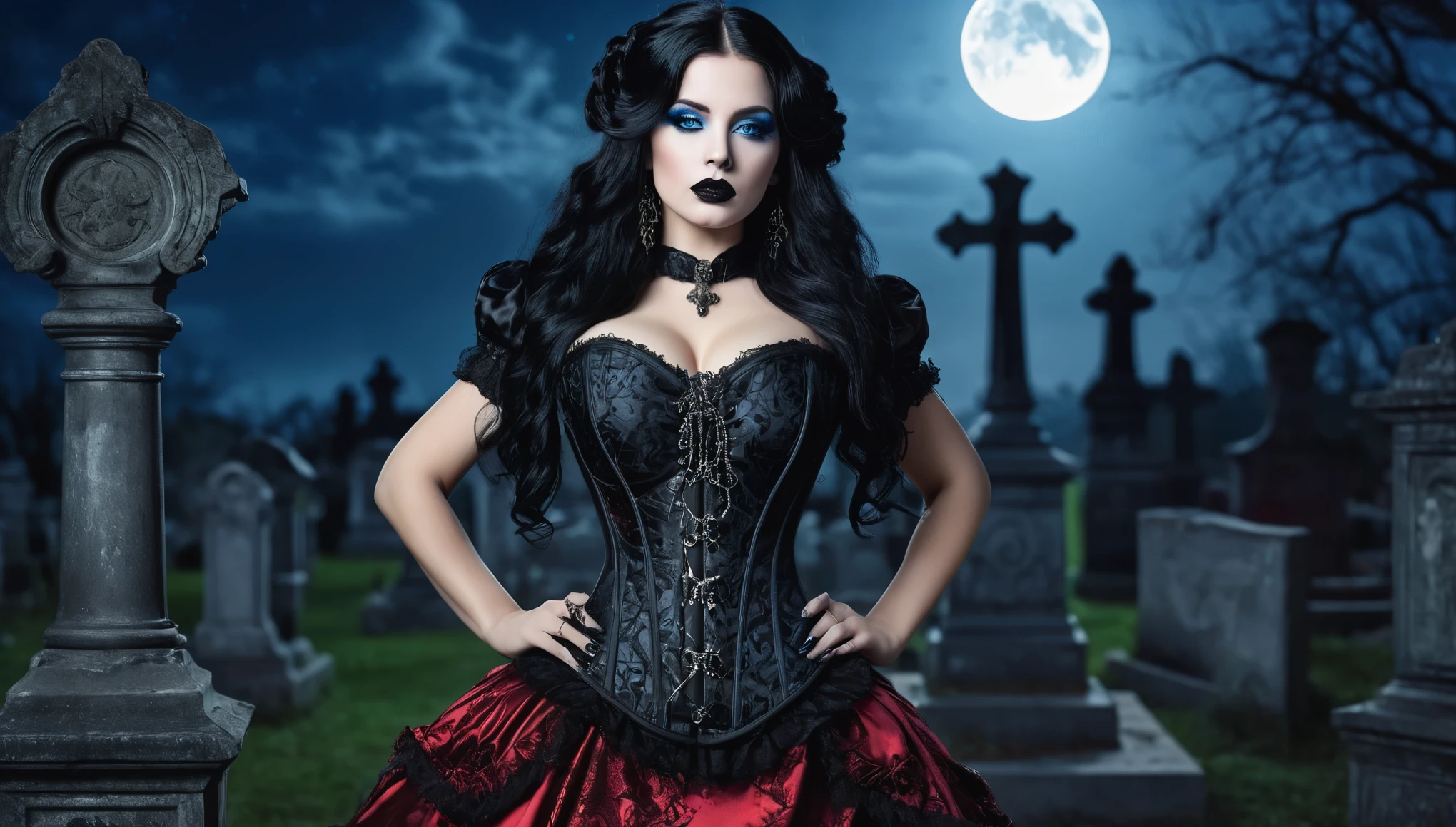 A beautiful woman, hourglass figure, large breast , long black hair, black lipstick, blue eyes, seductive Goth style with Goth jewelry, wearing a (ornate Victorian corset in Duotone [red and black] style:1.3), standing in a cemetery  in the early at night under a full moon, (Fogcore style:1.3), (full body:1.3), hyper realism, 8k high definition, vibrant colors, sharp focus, insanely detailed