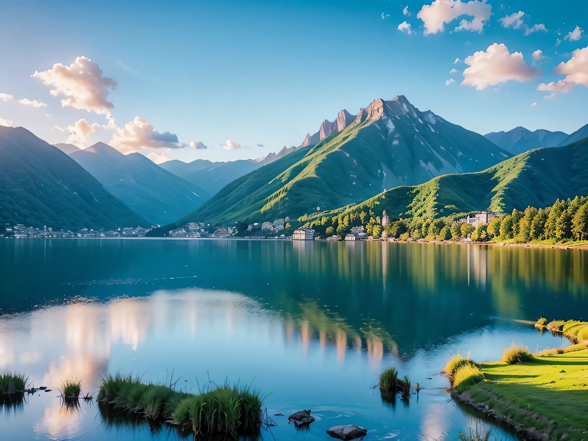  lake，deep sense of perspective, Against the backdrop of towering mountains, plain sky, anime illustration，No Cloud-AR9:16 stylized 1000