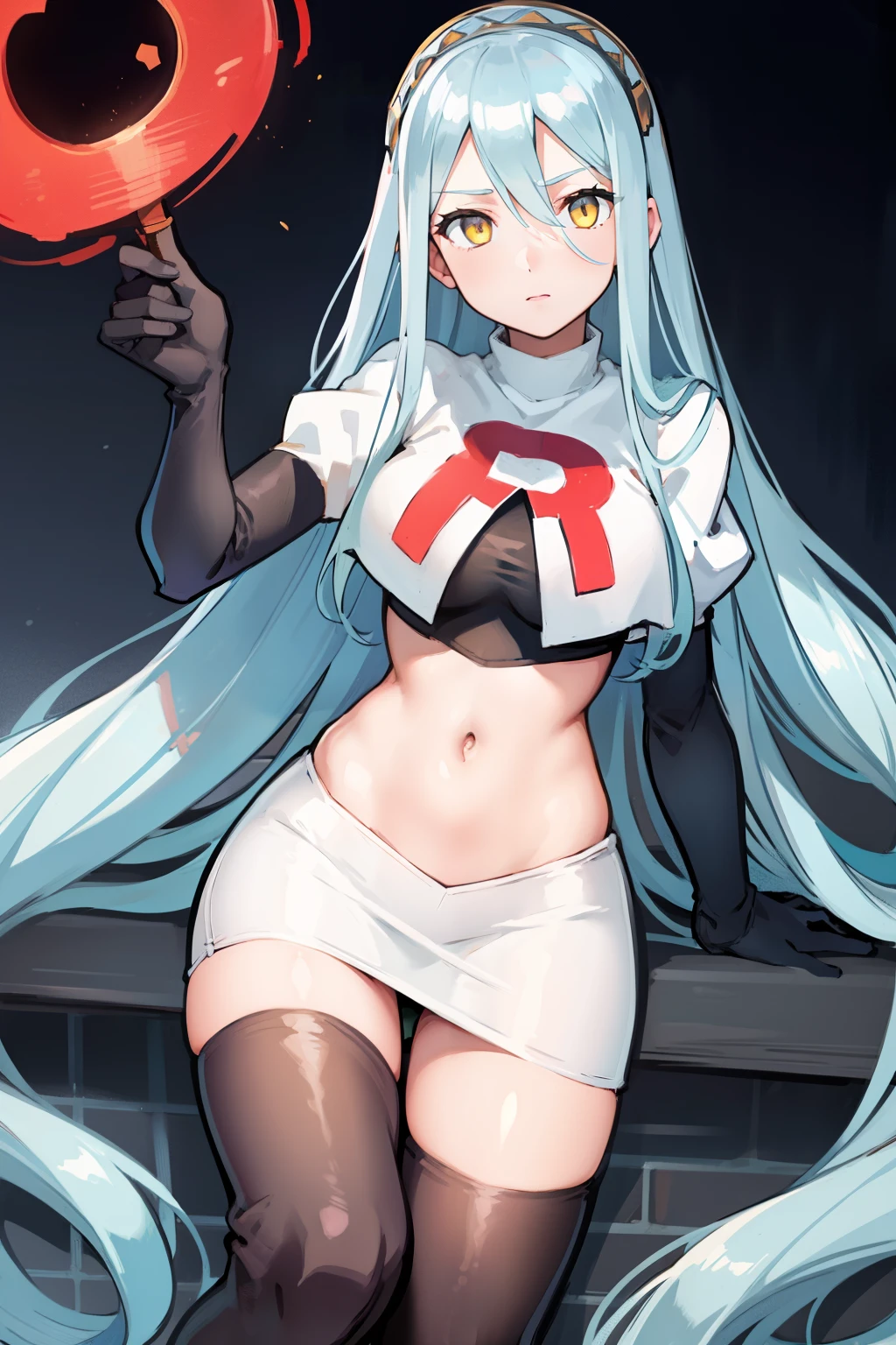 def_azura, yellow eyes ,1girl,team rocket,team rocket uniform, red letter R, white skirt,white crop top,black thigh-highs ,black elbow gloves,