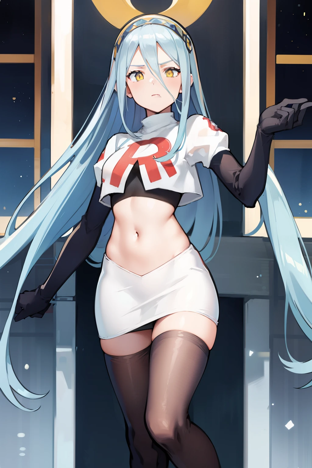 def_azura, yellow eyes ,1girl,team rocket,team rocket uniform, red letter R, white skirt,white crop top,black thigh-highs ,black elbow gloves,