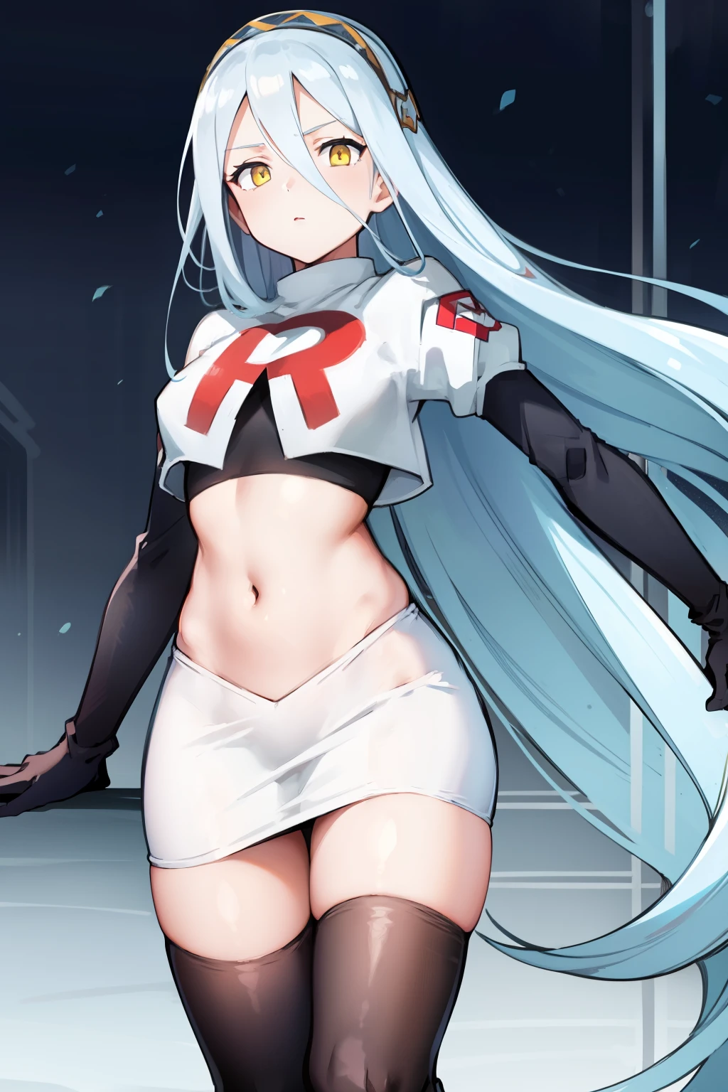 def_azura, yellow eyes ,1girl,team rocket,team rocket uniform, red letter R, white skirt,white crop top,black thigh-highs ,black elbow gloves,