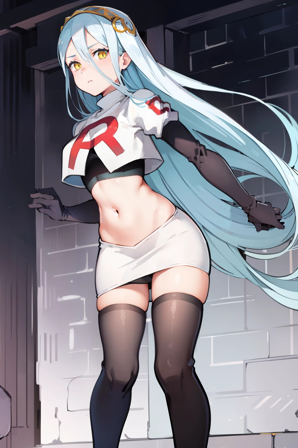 def_azura, yellow eyes ,1girl,team rocket,team rocket uniform, red letter R, white skirt,white crop top,black thigh-highs ,black elbow gloves,