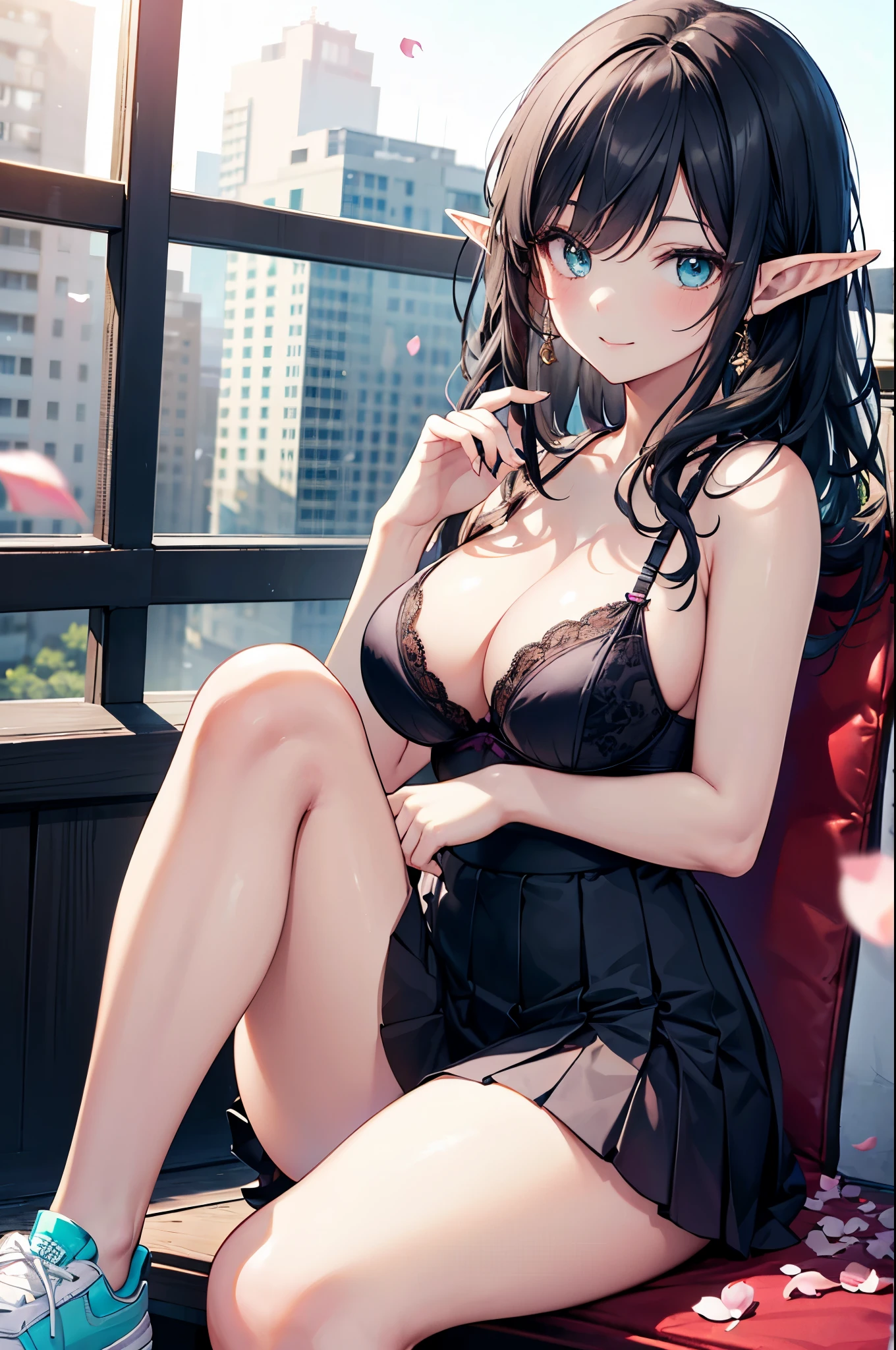 realistic image, coherent image, detailed image, 1 beautiful elf. She has black hair, long hair. Turquoise eyes, long eyelashes. Her face is oval and delicate. Smiling. She is wearing a lace bra, pleated miniskirt, sneakers, she has a curvy body, medium breasts and thick thighs. She sitting with her legs crossed and her hands hidden between her thighs. Urban background, surrounded by flower petals. natural lighting in front, volumetric lighting,