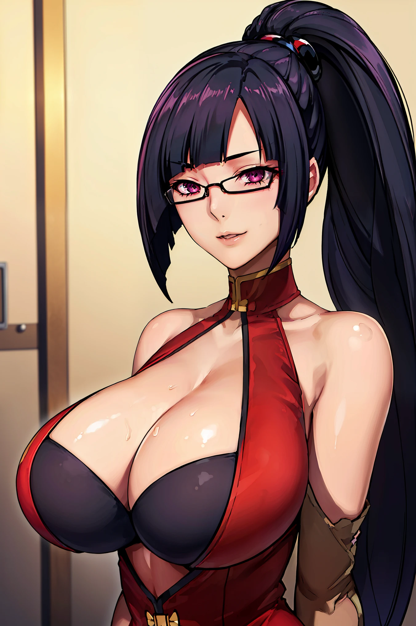 at bathroom, Red dress, chinese clothes, cleavage cutout, clothing cutout, bare shoulders, semi-rimless eyewear, black hair, very long hair, ponytail,Bangs,purple eyes, 1 girl, 20yo,Young female,Beautiful Finger,Beautiful long legs,Beautiful body, Beautiful Nose,Beautiful character design, perfect eyes, perfect face,expressive eyes, perfect balance, looking at viewer,(Focus on her face), official art,extremely detailed CG unity 8k wallpaper, perfect lighting,Colorful, Bright_Front_face_Lighting,White skin, (masterpiece:1.0),(best_quality:1.0), ultra high res,4K,ultra-detailed, photography, 8K, HDR, highres, absurdres:1.2, Kodak portra 400, film grain, blurry background, bokeh:1.2, lens flare, (vibrant_color:1.2),professional photograph, (Beautiful,huge_Breasts:1.4), (beautiful_face:1.5),(narrow_waist),semi-rimless eyewear, black hair, very long hair, ponytail,Bangs,purple eyes,