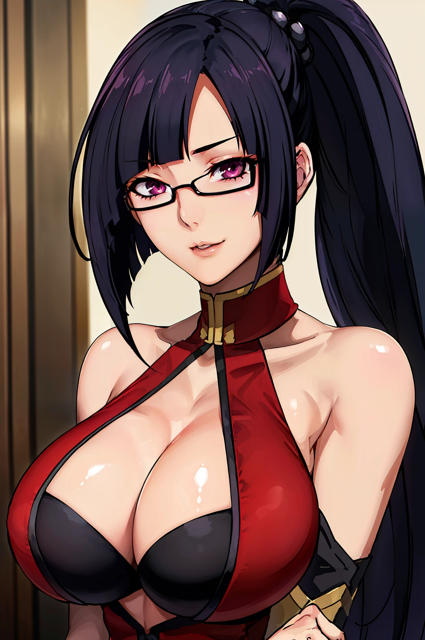 at bathroom, Red dress, chinese clothes, cleavage cutout, clothing cutout, bare shoulders, semi-rimless eyewear, black hair, very long hair, ponytail,Bangs,purple eyes, 1 girl, 20yo,Young female,Beautiful Finger,Beautiful long legs,Beautiful body, Beautiful Nose,Beautiful character design, perfect eyes, perfect face,expressive eyes, perfect balance, looking at viewer,(Focus on her face), official art,extremely detailed CG unity 8k wallpaper, perfect lighting,Colorful, Bright_Front_face_Lighting,White skin, (masterpiece:1.0),(best_quality:1.0), ultra high res,4K,ultra-detailed, photography, 8K, HDR, highres, absurdres:1.2, Kodak portra 400, film grain, blurry background, bokeh:1.2, lens flare, (vibrant_color:1.2),professional photograph, (Beautiful,huge_Breasts:1.4), (beautiful_face:1.5),(narrow_waist),semi-rimless eyewear, black hair, very long hair, ponytail,Bangs,purple eyes,