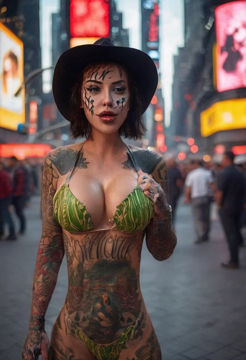 New York, time square, Laurence bedard as Joker Girl 25 years old, macabre, horror, Sharp mouth teeth, full body image, full body tattoo,  tight clothes, technological details, Authentic background, (realism: 1.5), (Realisitc: 1.4), (Absurdity:1.4 ), 8k, ultra-detailed, detailed, (full breasts: 1.3), (One only: 1.4 only), (Viewer facing: 1.3),