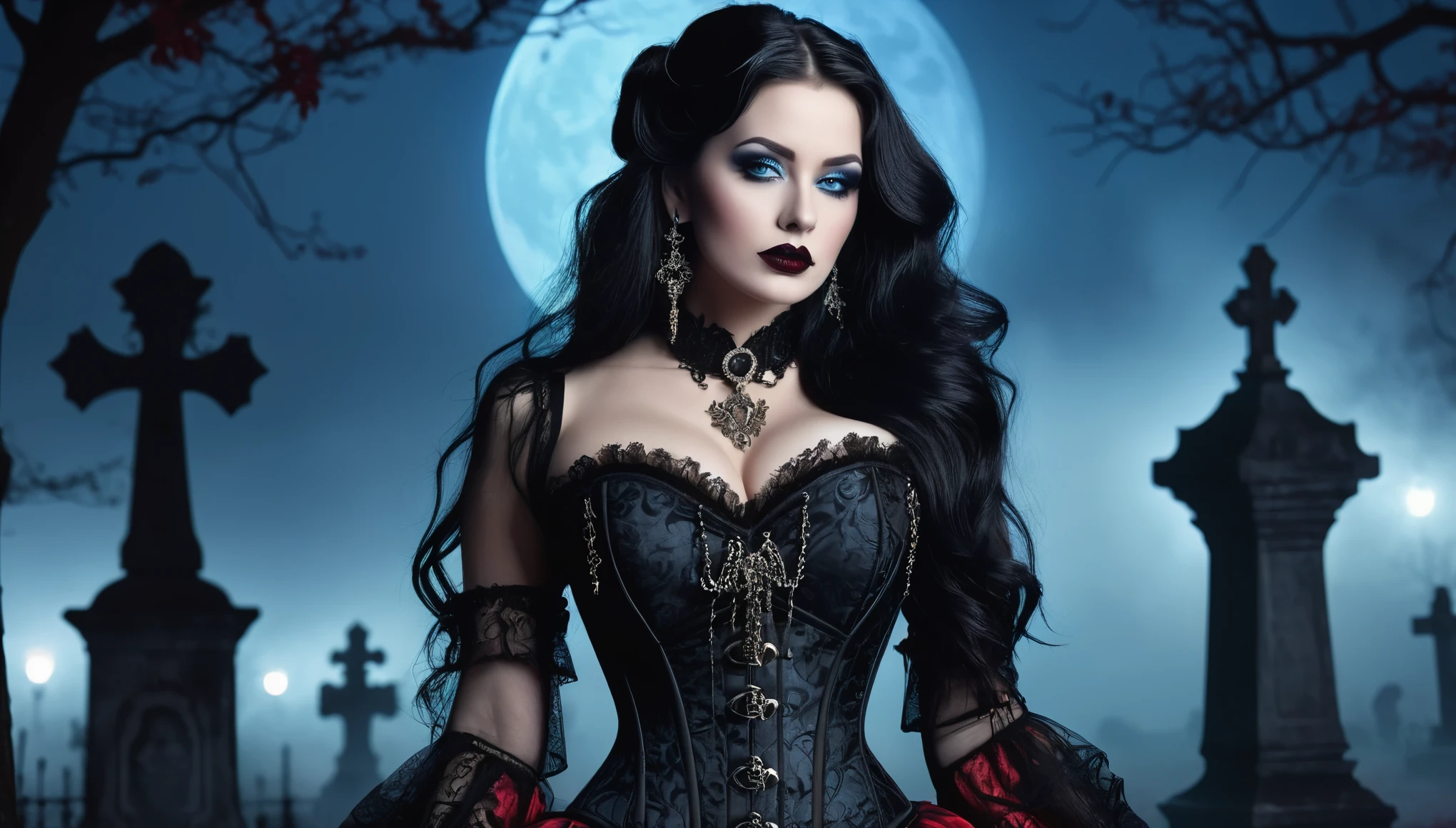 A beautiful woman, hourglass figure, large breast , long black hair, black lipstick, blue eyes, seductive Goth style with Goth jewelry, wearing a (ornate Victorian corset in Duotone [red and black] style:1.3), standing in a cemetery at night under a full moon with heavy fog, (full body:1.3), hyper realism, 8k high definition, vibrant colors, sharp focus, insanely detailed