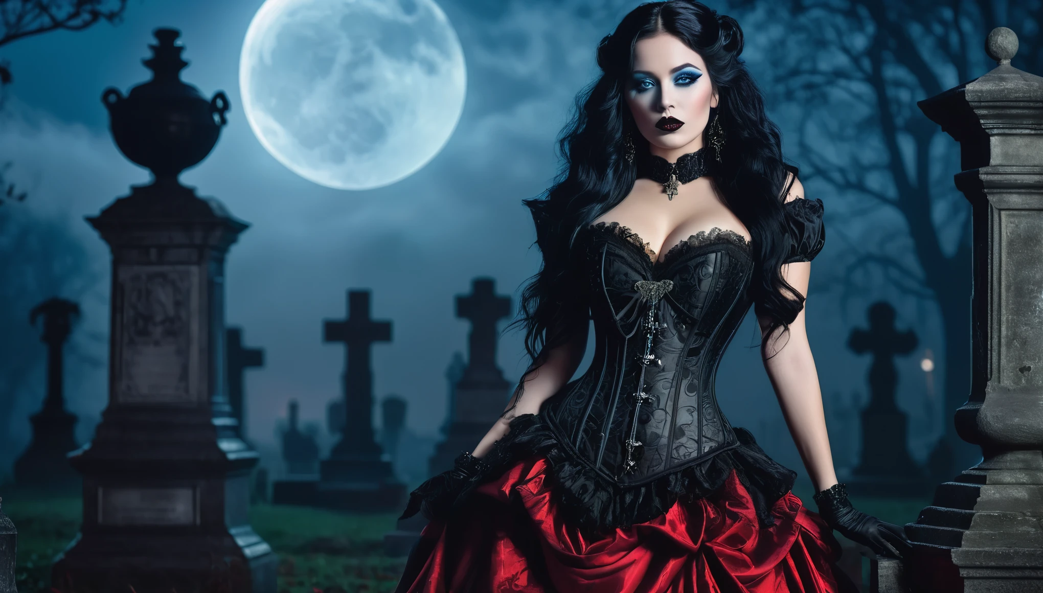 A beautiful woman, hourglass figure, large breast , long black hair, black lipstick, blue eyes, seductive Goth style with Goth jewelry, wearing a (ornate Victorian corset in Duotone [red and black] style:1.3), standing in a cemetery at night under a full moon with heavy fog, (full body:1.3), hyper realism, 8k high definition, vibrant colors, sharp focus, insanely detailed