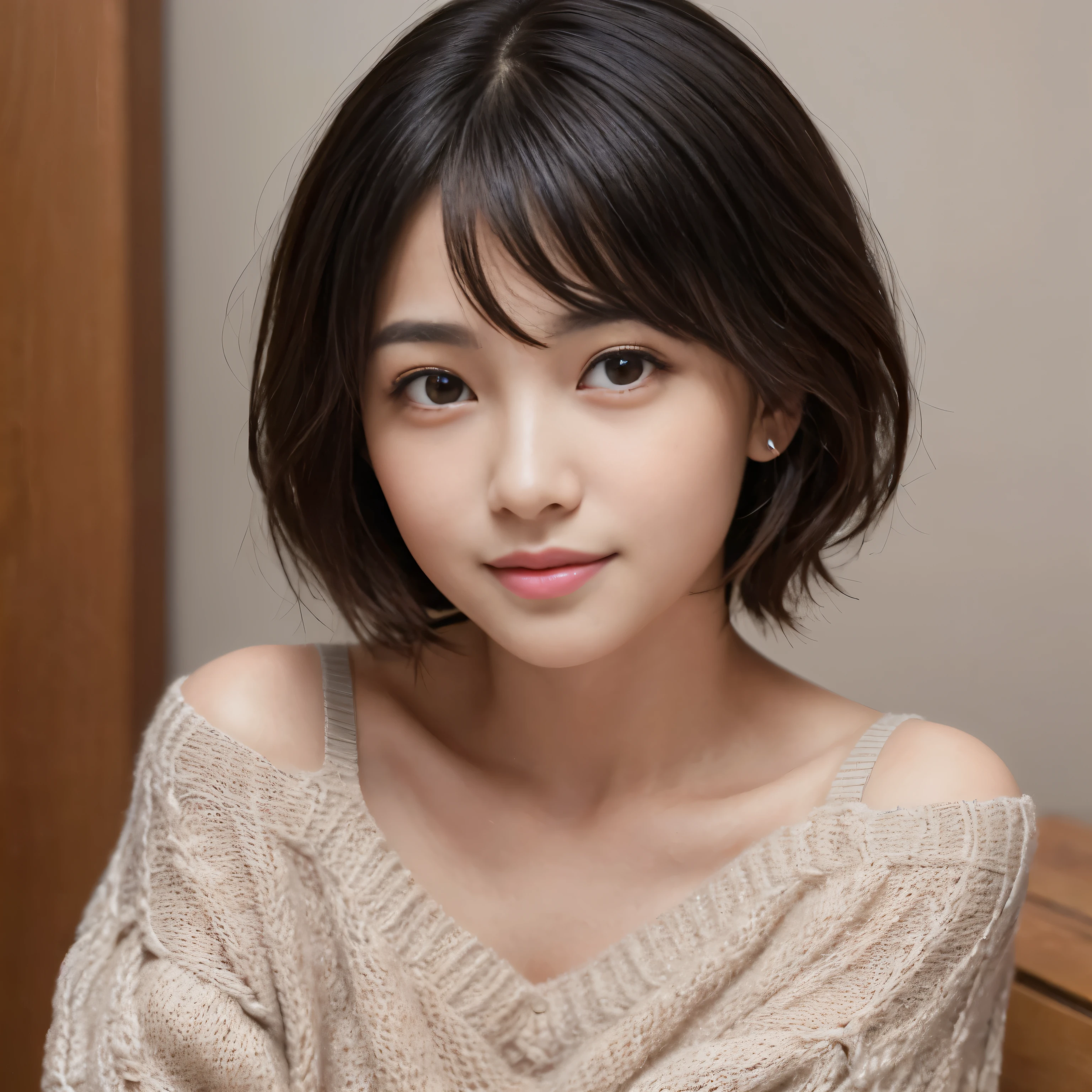 ((best quality, masterpiece, ultra high resolution, (lifelike:1.4), original photo, Extreme details, perfect anatomy)), 1 girl, 12 years old, most popular japanese idols, An innocent smile, Very cute and childish face,Just like Japan's most famous idol, Extremely beautiful big black eyes, Extremely beautiful short black hair, extremely beautiful lips, Extremely beautiful long eyelashes, (Extremely beautiful realistic skin, Wear only loose sweaters, portrait, Selfie