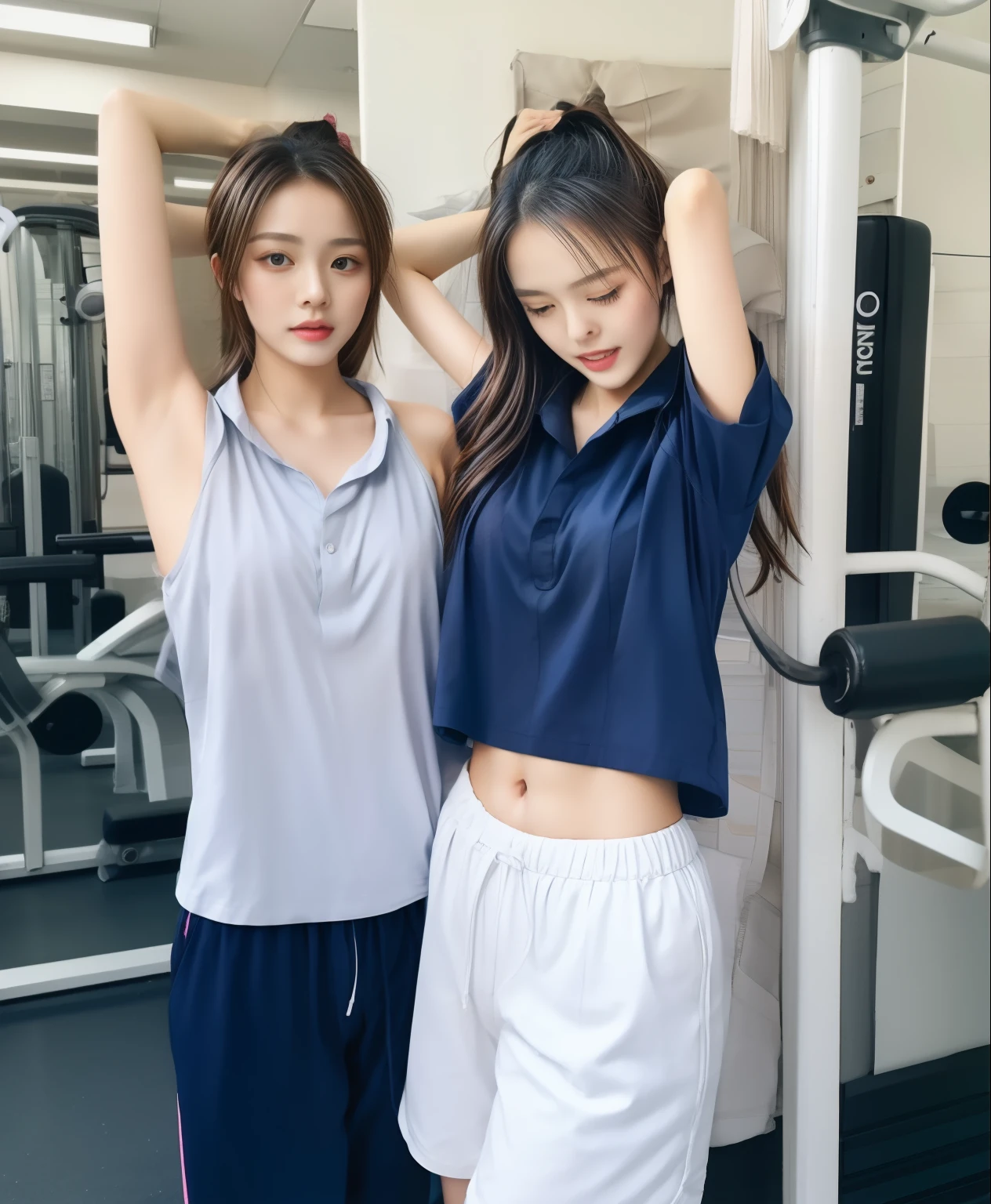 2 girls in fitness center, Blue short-sleeved shirt,Sweatpantsขายาวสีกรมท่า,Sweatpants, Sweatpantsขายาว,25 year old girl, lesbian, sexy, exercise clothes, wet body, exercise clothes, exercise clothes
