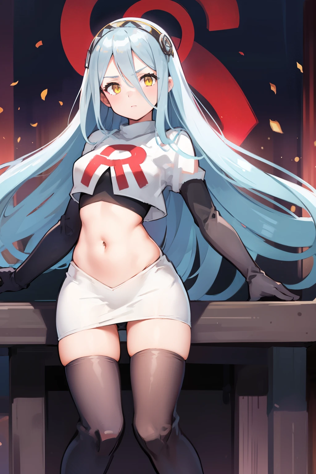 def_azura, yellow eyes ,1girl,team rocket,team rocket uniform, red letter R, white skirt,white crop top,black thigh-highs ,black elbow gloves,