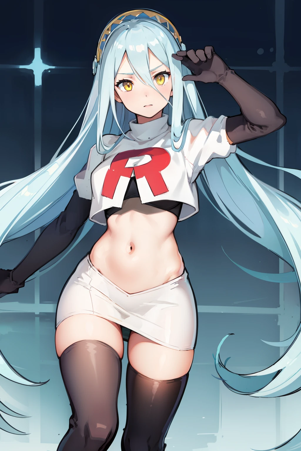 def_azura, yellow eyes ,1girl,team rocket,team rocket uniform, red letter R, white skirt,white crop top,black thigh-highs ,black elbow gloves,