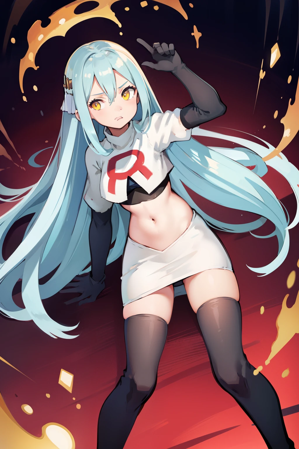 def_azura, yellow eyes ,1girl,team rocket,team rocket uniform, red letter R, white skirt,white crop top,black thigh-highs ,black elbow gloves,