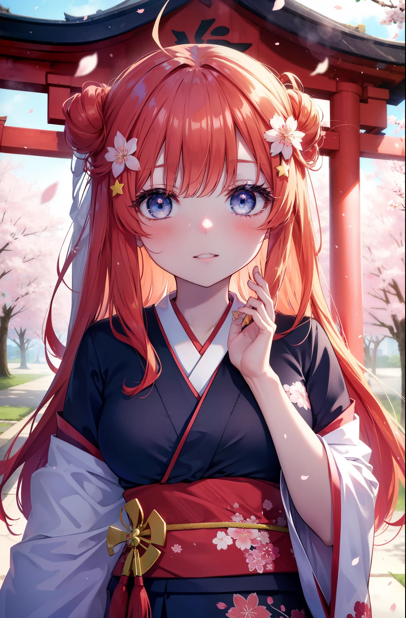 itsukinakano, Itsuki Nakano, bangs, blue eyes, hair between eyes, Ahoge,hair tied back,,long hair, redhead, star \(symbol\), hair ornaments, star hair ornaments,smile,blush,Gorgeous kimono with red floral pattern,white foot bag,Zori cherry blossoms are blooming,Cherry blossoms are scattered,Cherry blossom tree-lined path,walking,
break outdoors, shrine,torii,
break (masterpiece:1.2), highest quality, High resolution, unity 8k wallpaper, (figure:0.8), (detailed and beautiful eyes:1.6), highly detailed face, perfect lighting, Very detailed CG, (perfect hands, perfect anatomy),