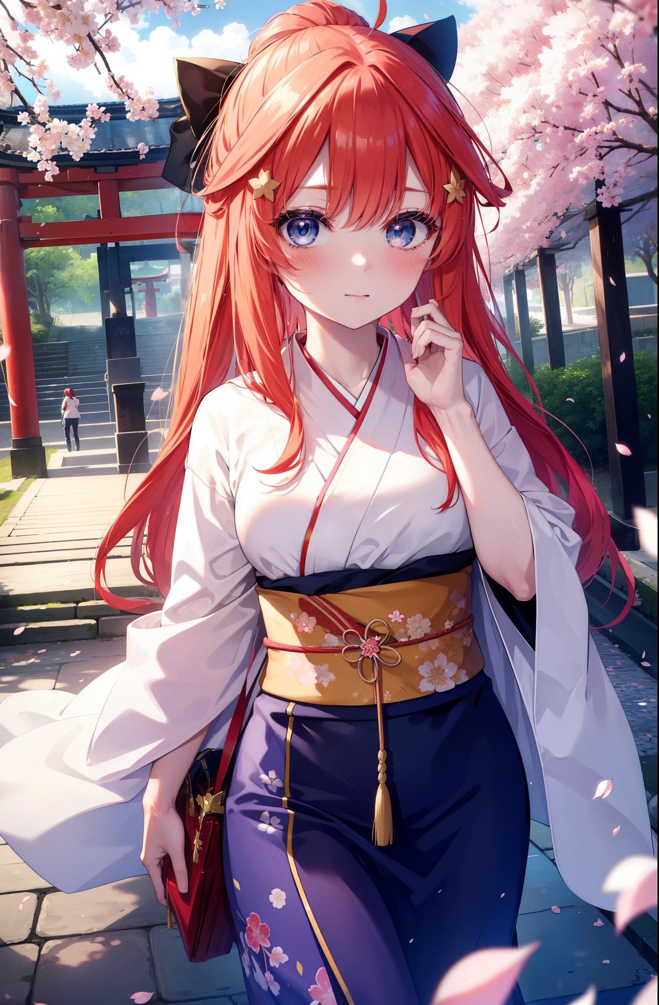 itsukinakano, Itsuki Nakano, bangs, blue eyes, hair between eyes, Ahoge,hair tied back,,long hair, redhead, star \(symbol\), hair ornaments, star hair ornaments,smile,blush,Gorgeous kimono with red floral pattern,white foot bag,Zori cherry blossoms are blooming,Cherry blossoms are scattered,Cherry blossom tree-lined path,walking,
break outdoors, shrine,torii,
break (masterpiece:1.2), highest quality, High resolution, unity 8k wallpaper, (figure:0.8), (detailed and beautiful eyes:1.6), highly detailed face, perfect lighting, Very detailed CG, (perfect hands, perfect ???????),