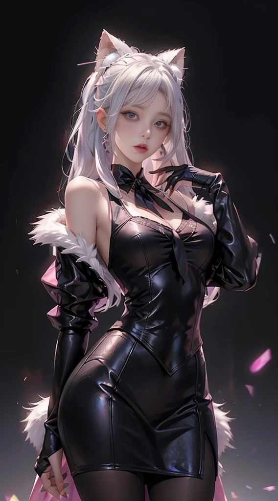 realistically, A high resolution, 1 Women, Alone, butt lift,(Lolita costume)， pretty eyes, White hair, eye socket, collared shir,black necktie,pinkskirt, pencil skirts, Fur coat