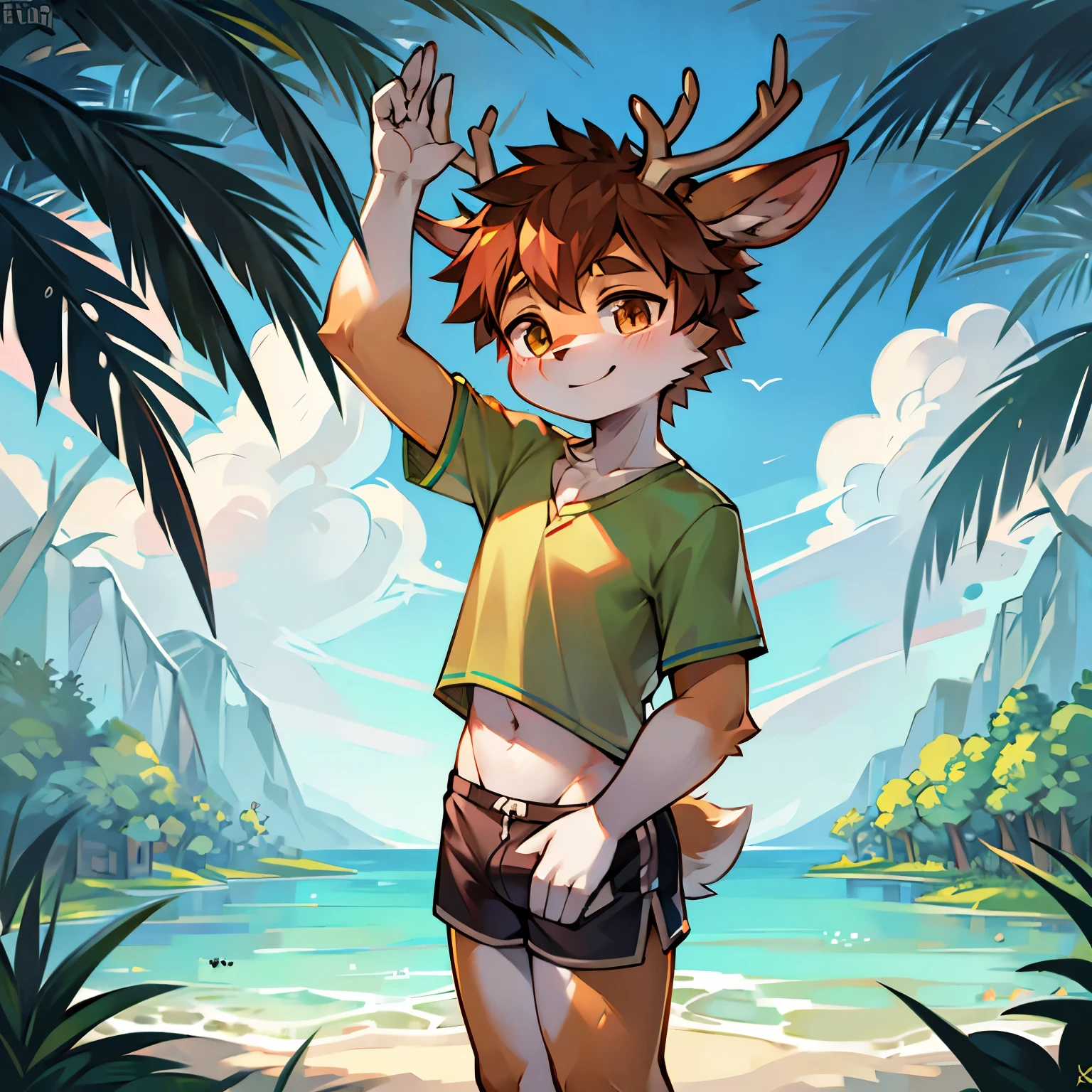 Bright outside,Deer Boy,antlers,male focus,furry men,Characteristics of a three-year-old boy,One meter six height,white skin,short sleeves,shorts,Smile,happy