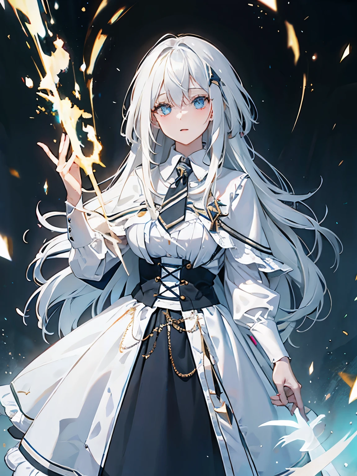 (ultra-detailed, perfect pixel, highres, best quality, beautiful eyes finely detailed), female, magic aura, two colors eye, white hair, white dress, elegant, the background is full of magical particles, glowing light, reflection light, motion blur, 8k, super detail, accurate, best quality, Ray tracing.