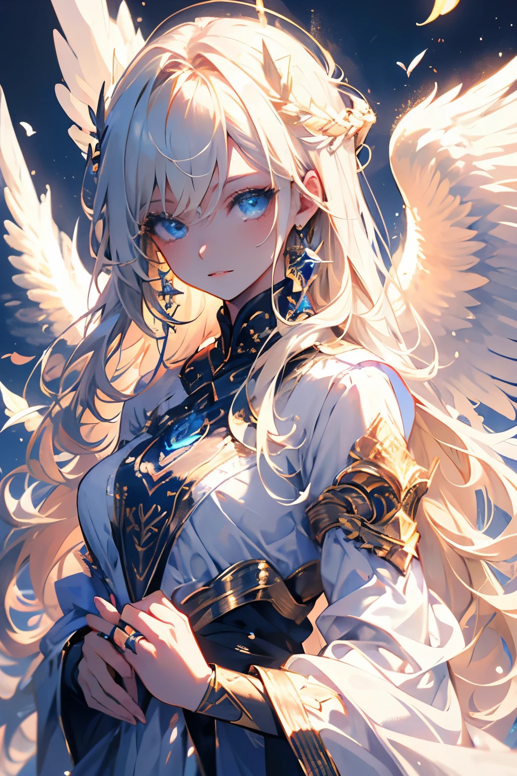 4K quality:1.2,Super beautiful illustration:1.2,Seraph,((6 white wings)),blonde,long hair styles,angel ring,Sky,beautiful cobalt blue eyes