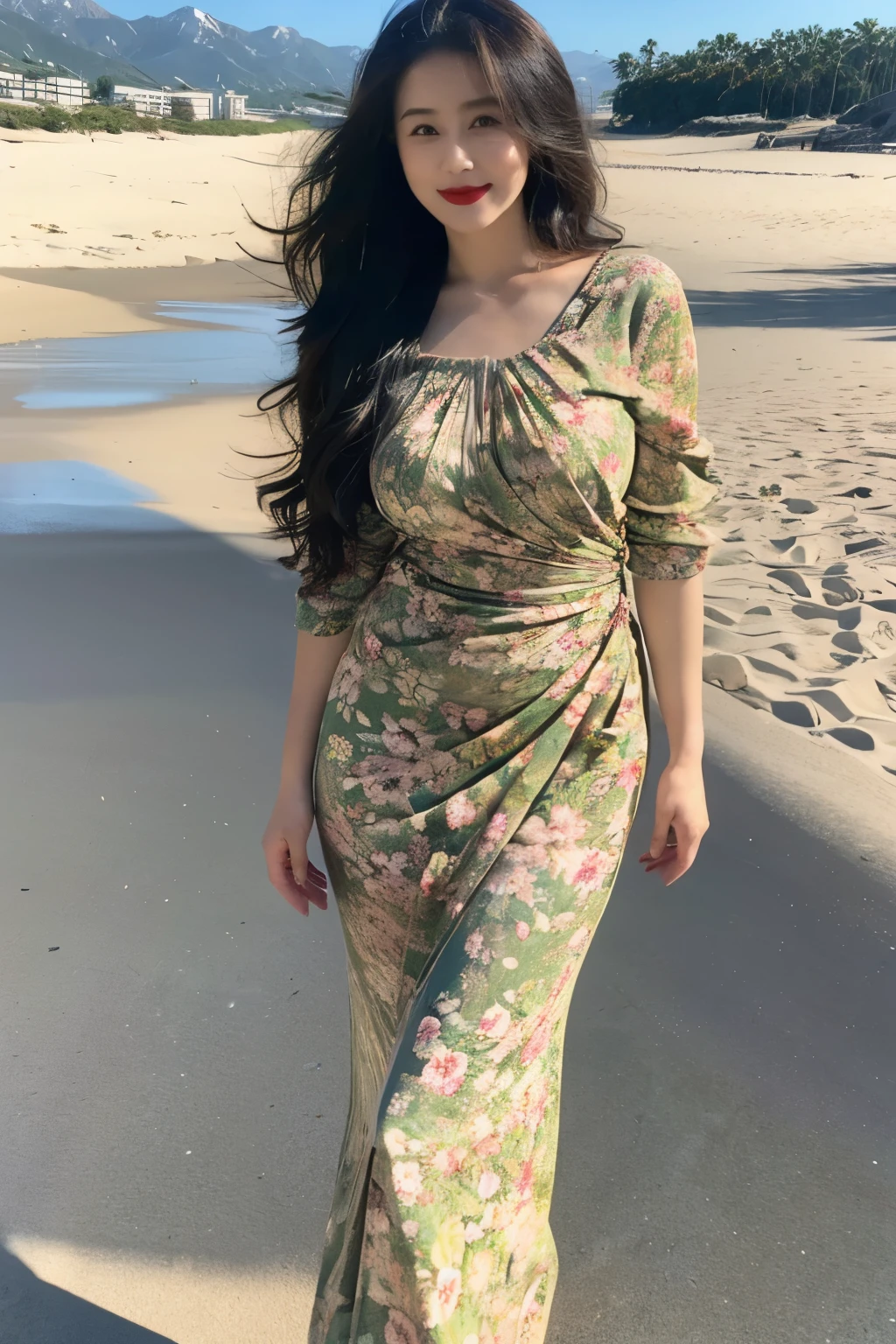Draw lips correctly, red lipstick, from chest up, best quality, Super detailed, lifelike, Super fine skin, perfect anatomy, (1 日本Mature的女人), (alone),Wear a floral green round neck dress,wavy long hair,37-year-old female,Mature,charming smile,beach background,stand,Leg length,Chubby,Big breasts,stand up,full-body shot