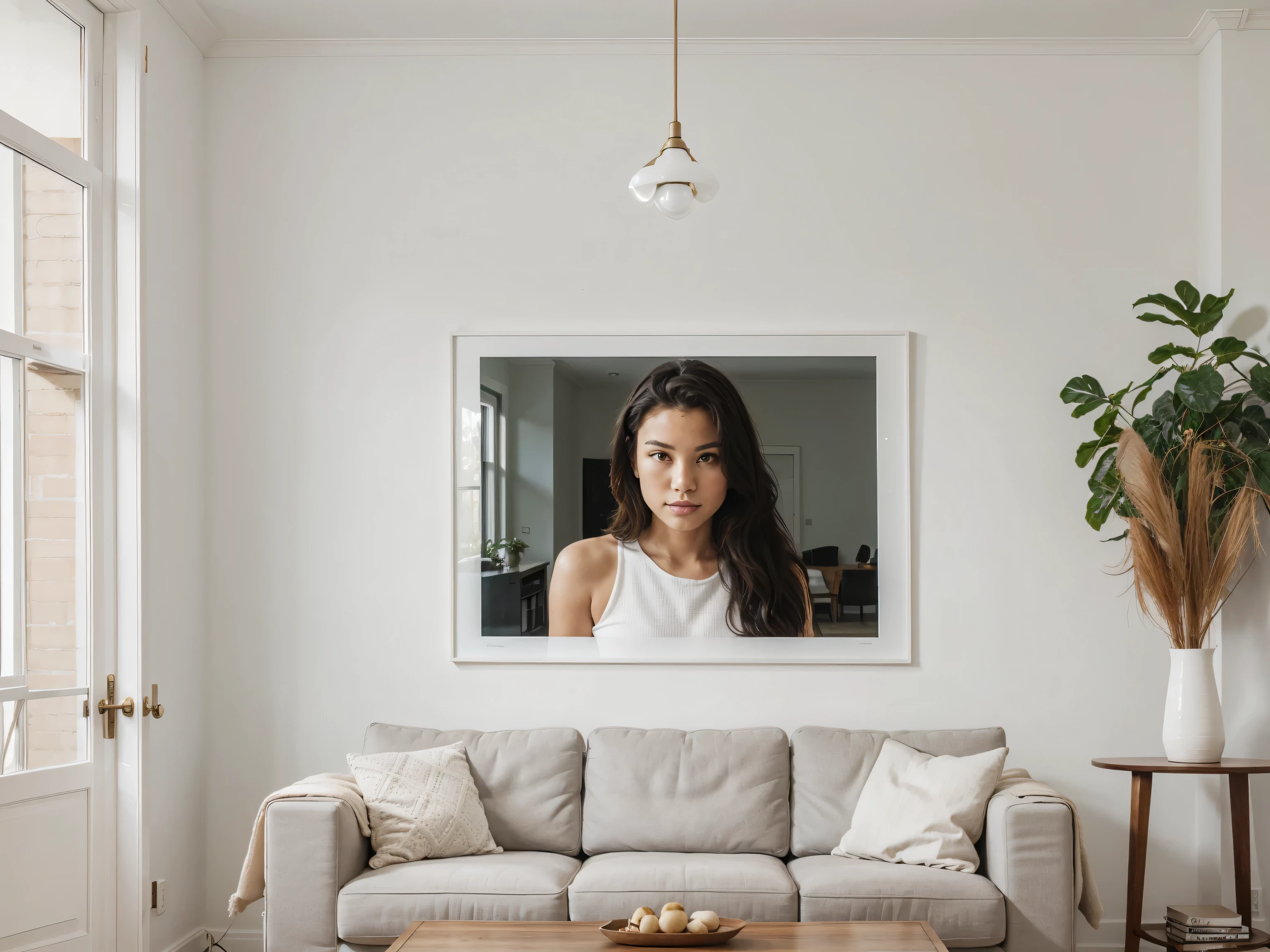  front view white blank huge wall Frame photo on classic living room