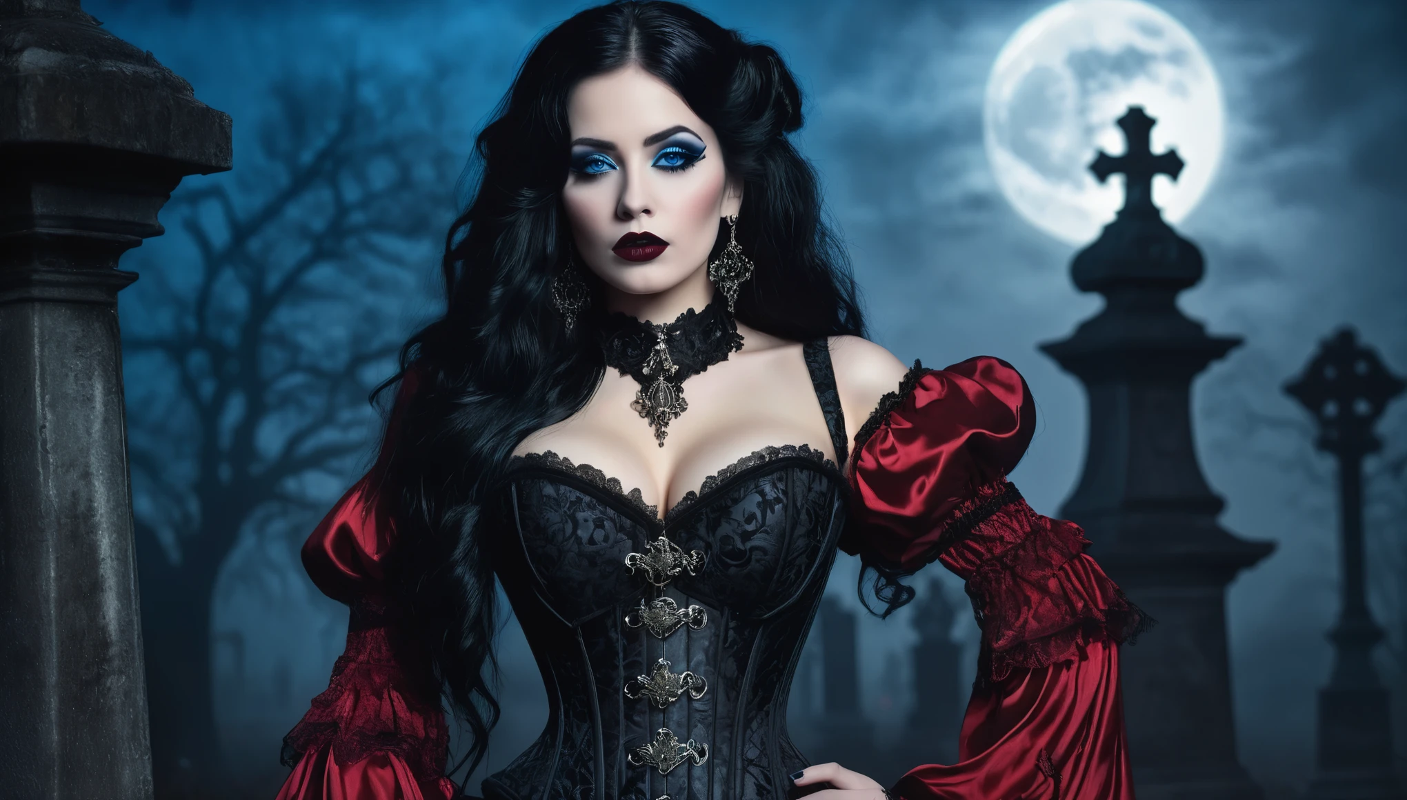 A beautiful woman, hourglass figure, large breast , long black hair, black lipstick, blue eyes, seductive Goth style with Goth jewelry, wearing a (ornate Victorian corset in Duotone [red and black] style:1.3), standing in a cemetery at night under a full moon with heavy fog, (full body:1.3), hyper realism, 8k high definition, vibrant colors, sharp focus, insanely detailed