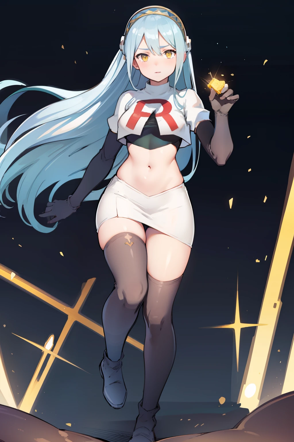 def_azura, yellow eyes ,1girl,team rocket,team rocket uniform, red letter R, white skirt,white crop top,black thigh-highs ,black elbow gloves,