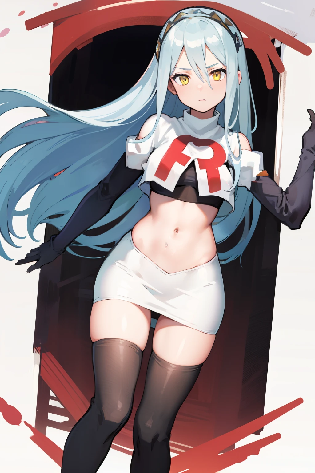 def_azura, yellow eyes ,1girl,team rocket,team rocket uniform, red letter R, white skirt,white crop top,black thigh-highs ,black elbow gloves,