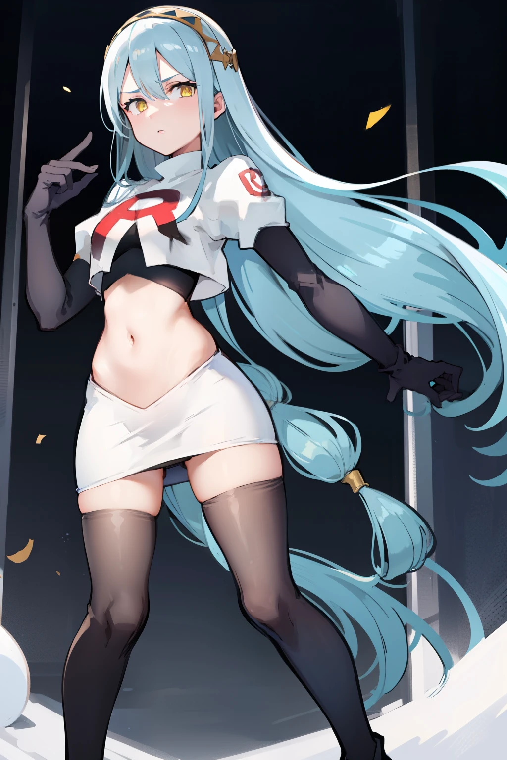 def_azura, yellow eyes ,1girl,team rocket,team rocket uniform, red letter R, white skirt,white crop top,black thigh-highs ,black elbow gloves,