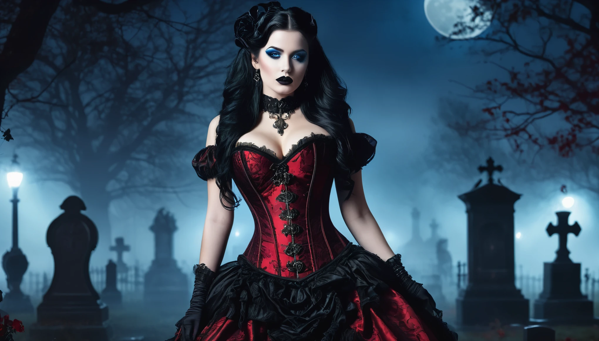 A beautiful woman, hourglass figure, large breast , long black hair, black lipstick, blue eyes, seductive Goth style with Goth jewelry, wearing a (ornate Victorian corset in Duotone [red and black] style:1.3), standing in a cemetery at night under a full moon with heavy fog, (full body:1.3), hyper realism, 8k high definition, vibrant colors, sharp focus, insanely detailed