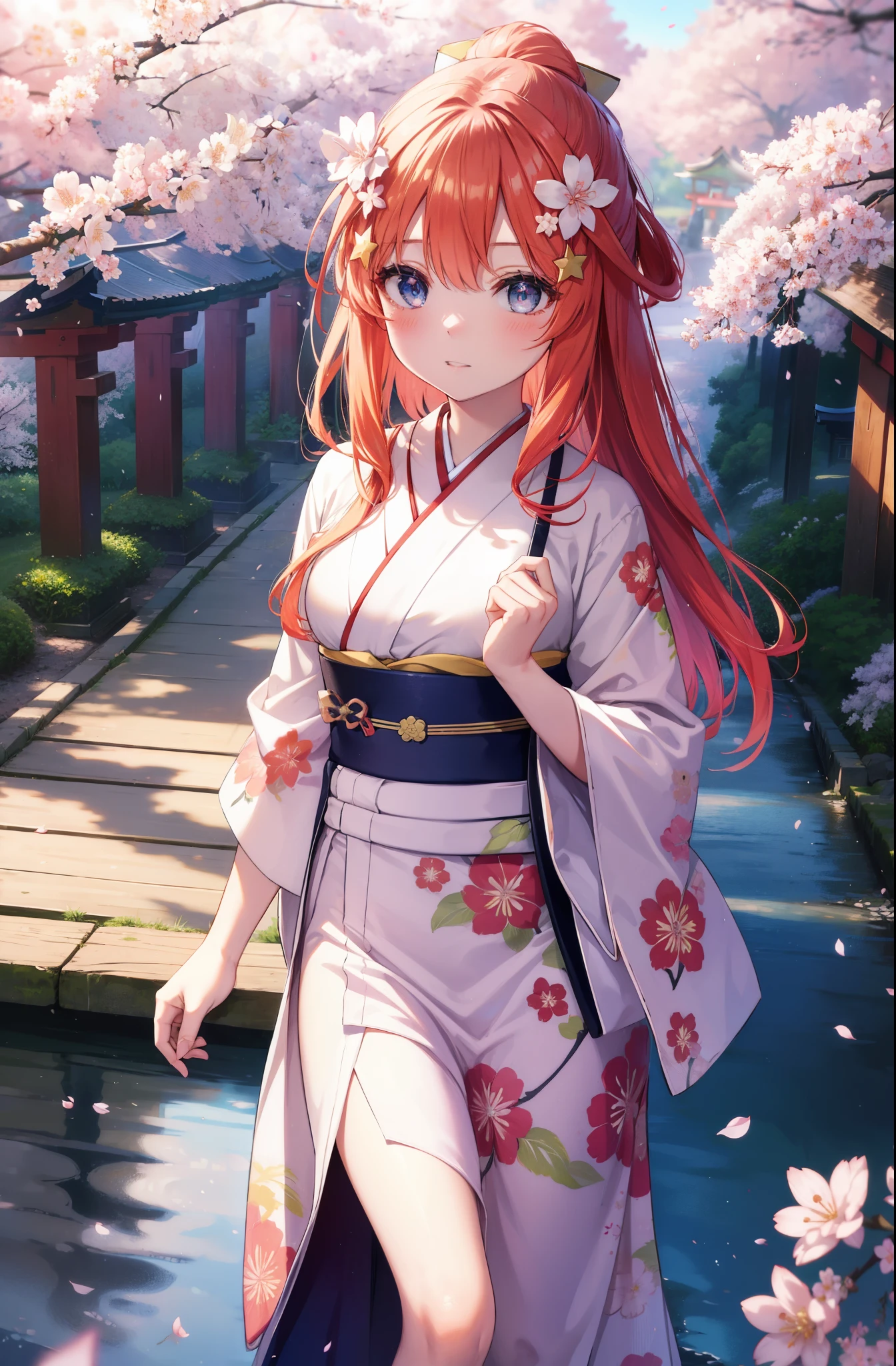 itsukinakano, Itsuki Nakano, bangs, blue eyes, hair between eyes, Ahoge,hair tied back,,long hair, redhead, star \(symbol\), hair ornaments, star hair ornaments,smile,blush,Gorgeous kimono with red floral pattern,white foot bag,Zori cherry blossoms are blooming,Cherry blossoms are scattered,Cherry blossom tree-lined path,walking,
break outdoors, shrine,torii,
break (masterpiece:1.2), highest quality, High resolution, unity 8k wallpaper, (figure:0.8), (detailed and beautiful eyes:1.6), highly detailed face, perfect lighting, Very detailed CG, (perfect hands, perfect anatomy),