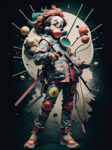 (masterpiece), (highest quality), (Super detailed),Clown with electric chainsaw in both hands、 (Wearing a clown mask and gas mask)、Photographed from the front、full body portrait painting, 8k, hd, super resolution , cinematic, exposed for a long time, 8k, hd, super resolution, Rubber chicken and bubbles on laser background、