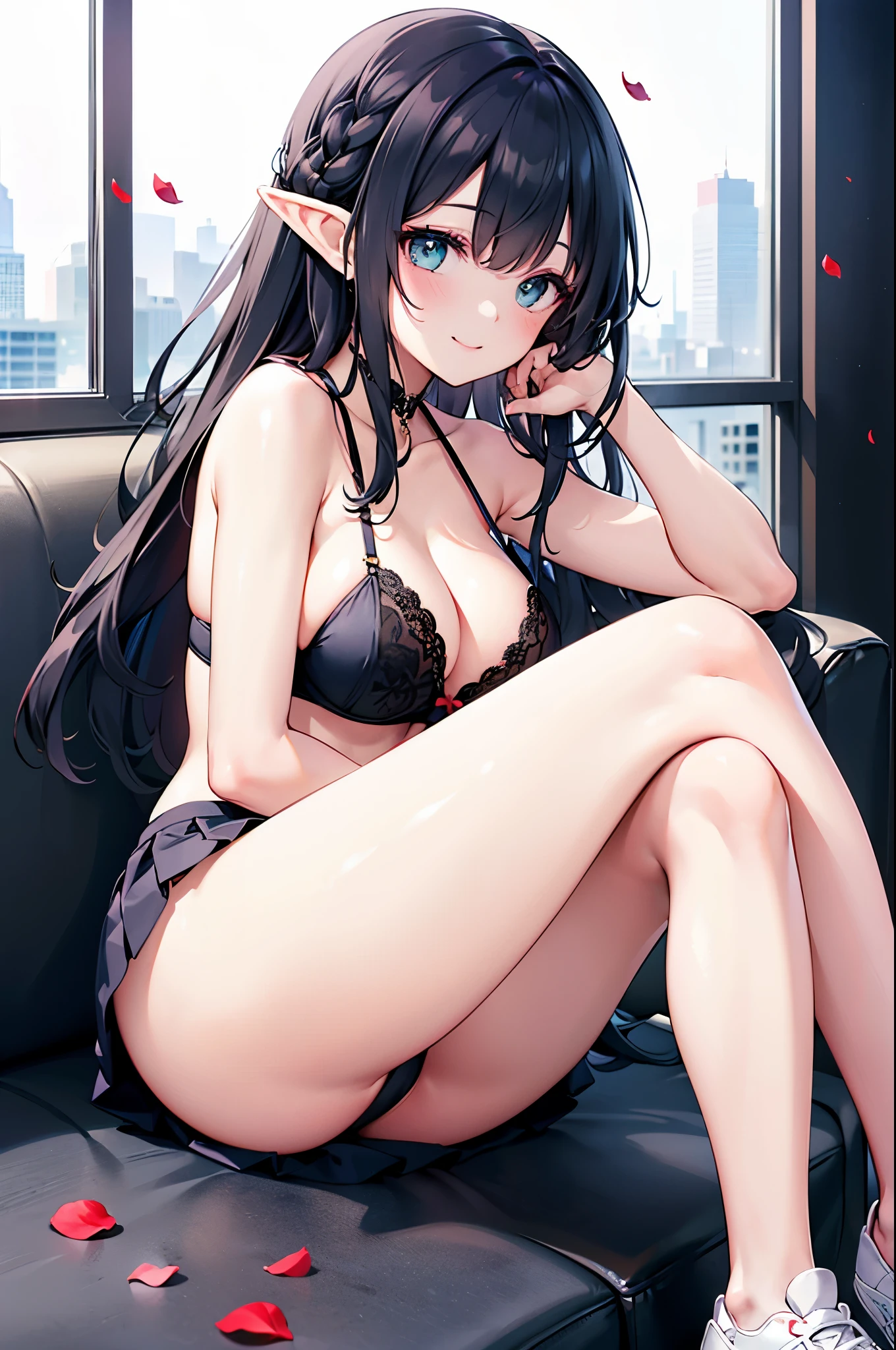 realistic image, coherent image, detailed image, 1 beautiful elf. She has black hair, long hair. Turquoise eyes, long eyelashes. Her face is oval and delicate. Smiling. She is wearing a lace bra, pleated miniskirt, sneakers, she has a curvy body, medium breasts and thick thighs. She sitting with her legs crossed and her hands hidden between her thighs. Urban background, surrounded by flower petals. natural lighting in front, volumetric lighting,