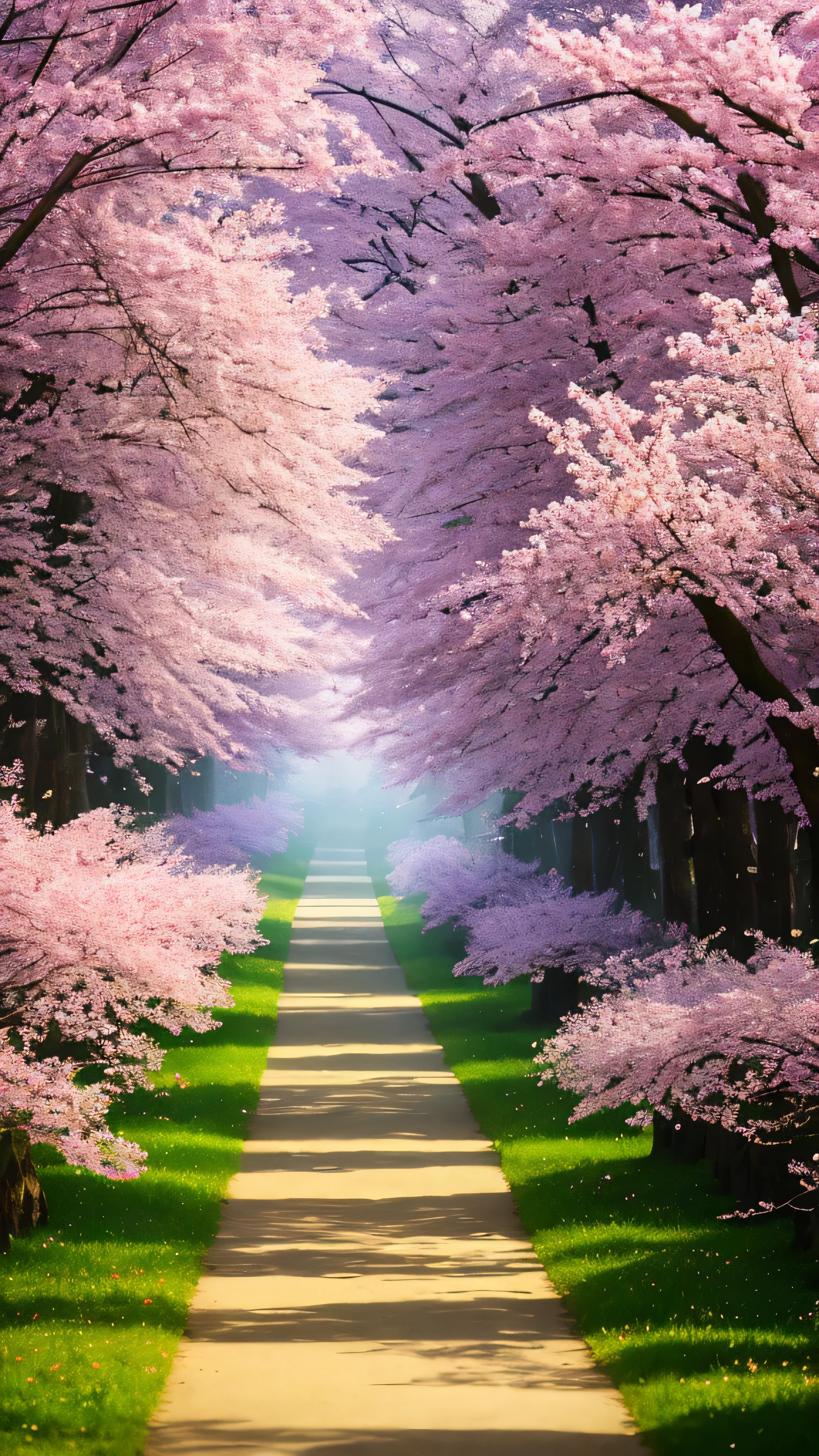 masterpiece, best quality, high quality, extremely detailed 8k wallpaper of CG unit, a charming and dreamy scene of a lush forest of sakuras, with tall trees, creating a sense of mystique and enchantment, artistic station, digital illustration, intricate, trend, pastel colors, oil painting, award-winning photography, Bokeh, depth of field, HDR, flower, chromatic aberration, photorealistic,  extremely detailed, trend in artstation, trend in CGsociety, intricate, high detail, dramatic, art in the middle of the journey, old tree, winding road, lakelet, small fog, cherry blossom tree,  small lake next to the forest, tree tunnel, forsythia flower