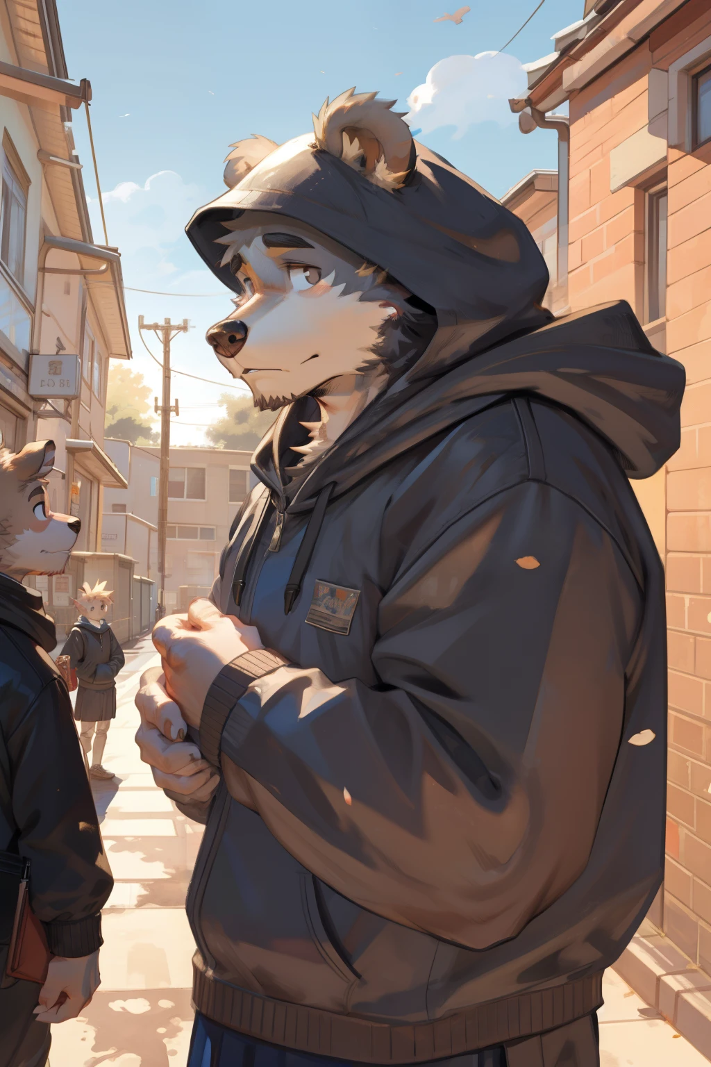 Bearman, Wearing a gray hooded sweatshirt, social fear, School dormitory with sunny background, Shyly averting eyes