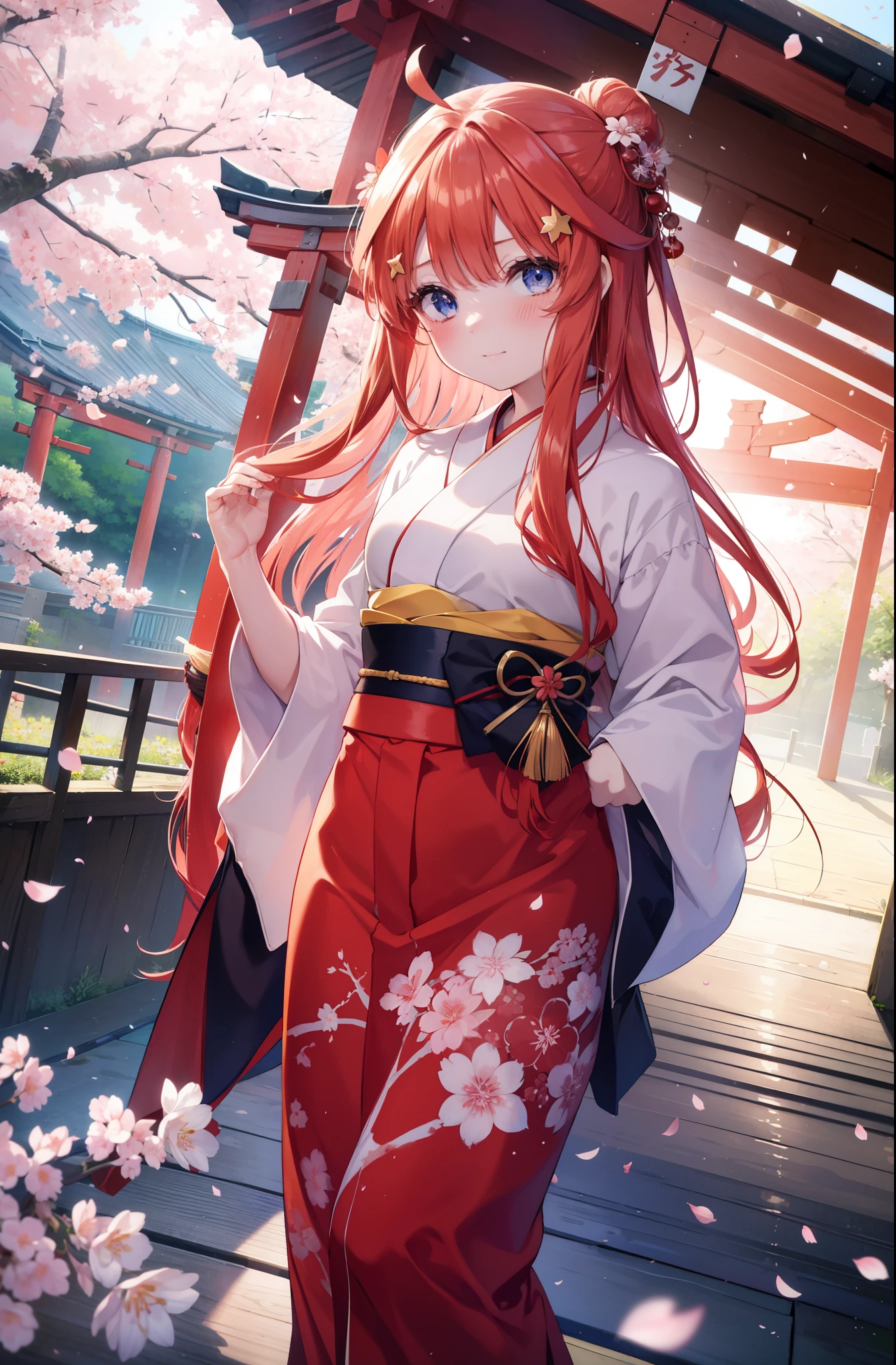 itsukinakano, Itsuki Nakano, bangs, blue eyes, hair between eyes, Ahoge,hair tied back,,long hair, redhead, star \(symbol\), hair ornaments, star hair ornaments,smile,blush,Red flower stem kimono,white foot bag,Zori cherry blossoms are blooming,Cherry blossoms are scattered,Cherry blossom tree-lined path,walking,
break outdoors, shrine,torii,
break (masterpiece:1.2), highest quality, High resolution, unity 8k wallpaper, (figure:0.8), (detailed and beautiful eyes:1.6), highly detailed face, perfect lighting, Very detailed CG, (perfect hands, perfect anatomy),