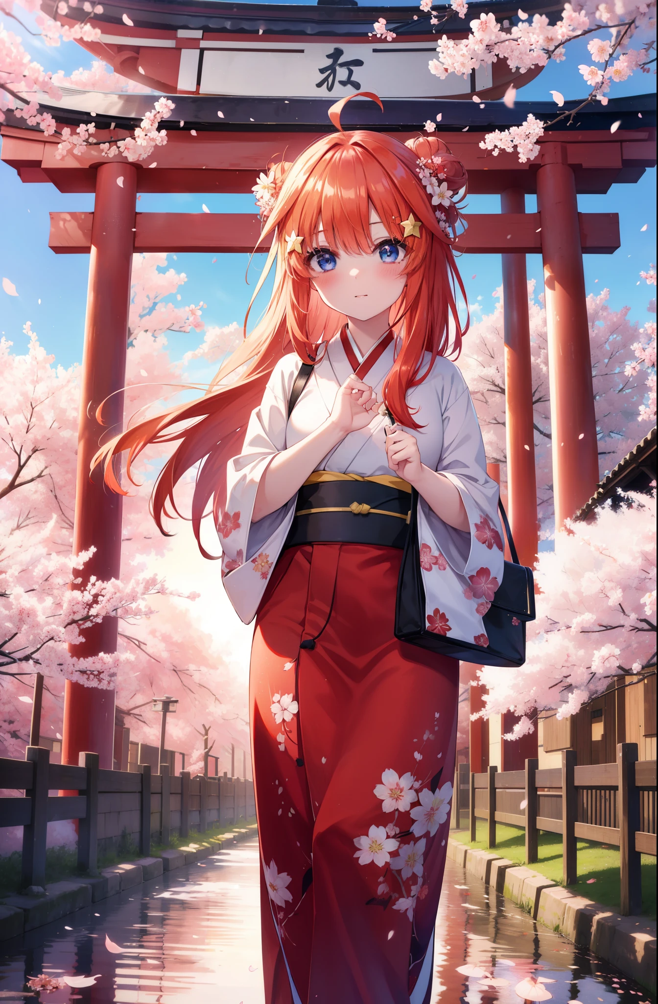 itsukinakano, Itsuki Nakano, bangs, blue eyes, hair between eyes, Ahoge,hair tied back,,long hair, redhead, star \(symbol\), hair ornaments, star hair ornaments,smile,blush,Red flower stem kimono,white foot bag,Zori cherry blossoms are blooming,Cherry blossoms are scattered,Cherry blossom tree-lined path,walking,
break outdoors, shrine,torii,
break (masterpiece:1.2), highest quality, High resolution, unity 8k wallpaper, (figure:0.8), (detailed and beautiful eyes:1.6), highly detailed face, perfect lighting, Very detailed CG, (perfect hands, perfect anatomy),