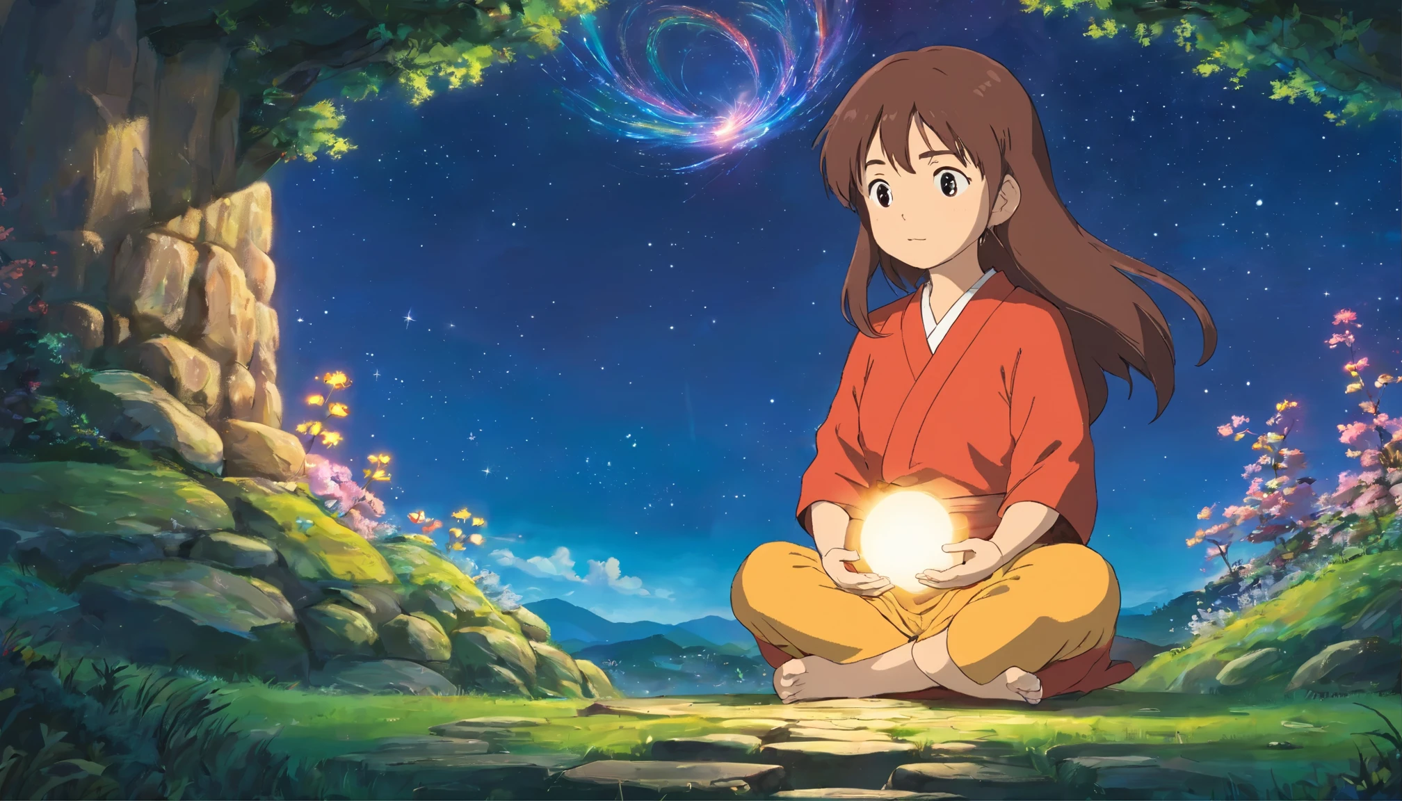 universeを眺めながら、nightにカスでmeditationする女の子、universeを感じている女の子、money is falling、wad of bills、bill、universe、starry sky、night、meditation、meditationポーズ